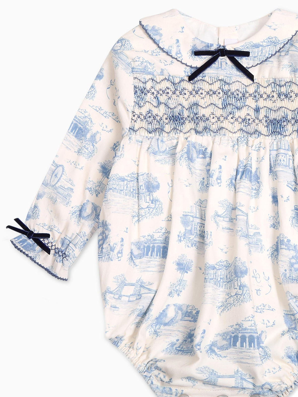 Blue Toile De Jouy Sabrina Baby Girl Smocked Romper