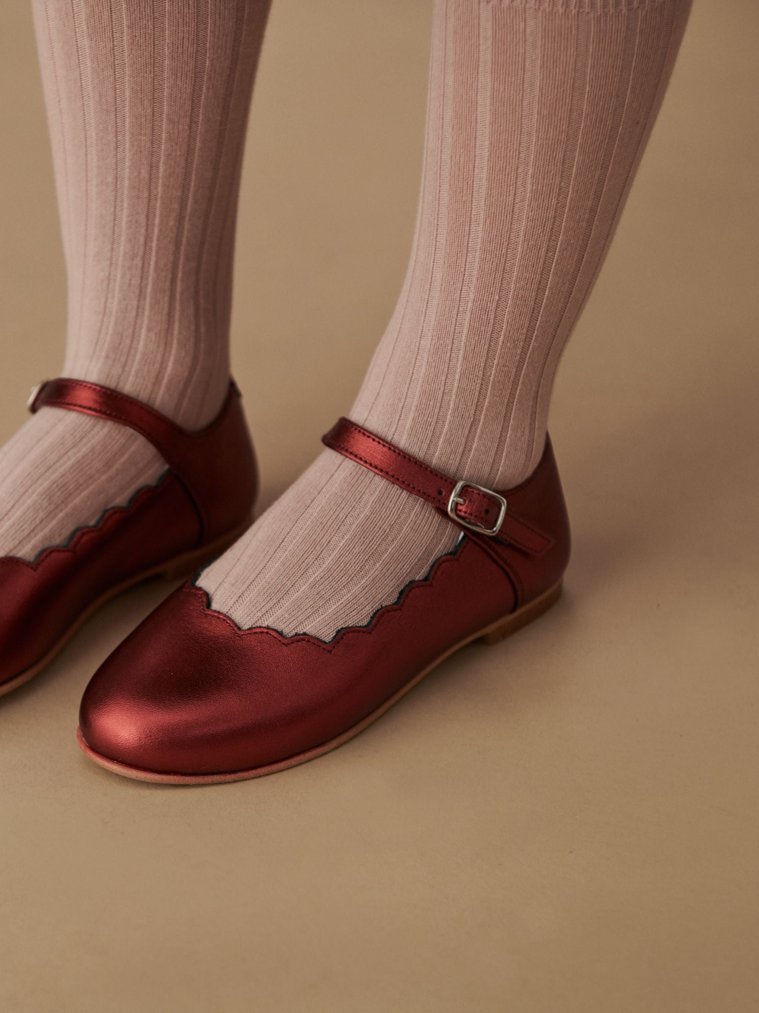 Red Metallic Leather Girl Scallop Mary Jane