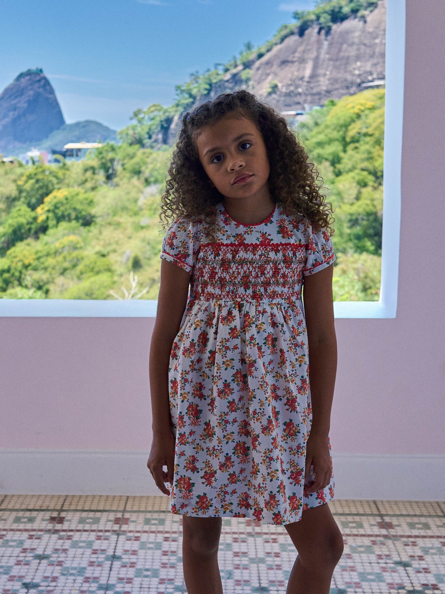 Coral Floral Soraya Girl Hand-Smocked Dress