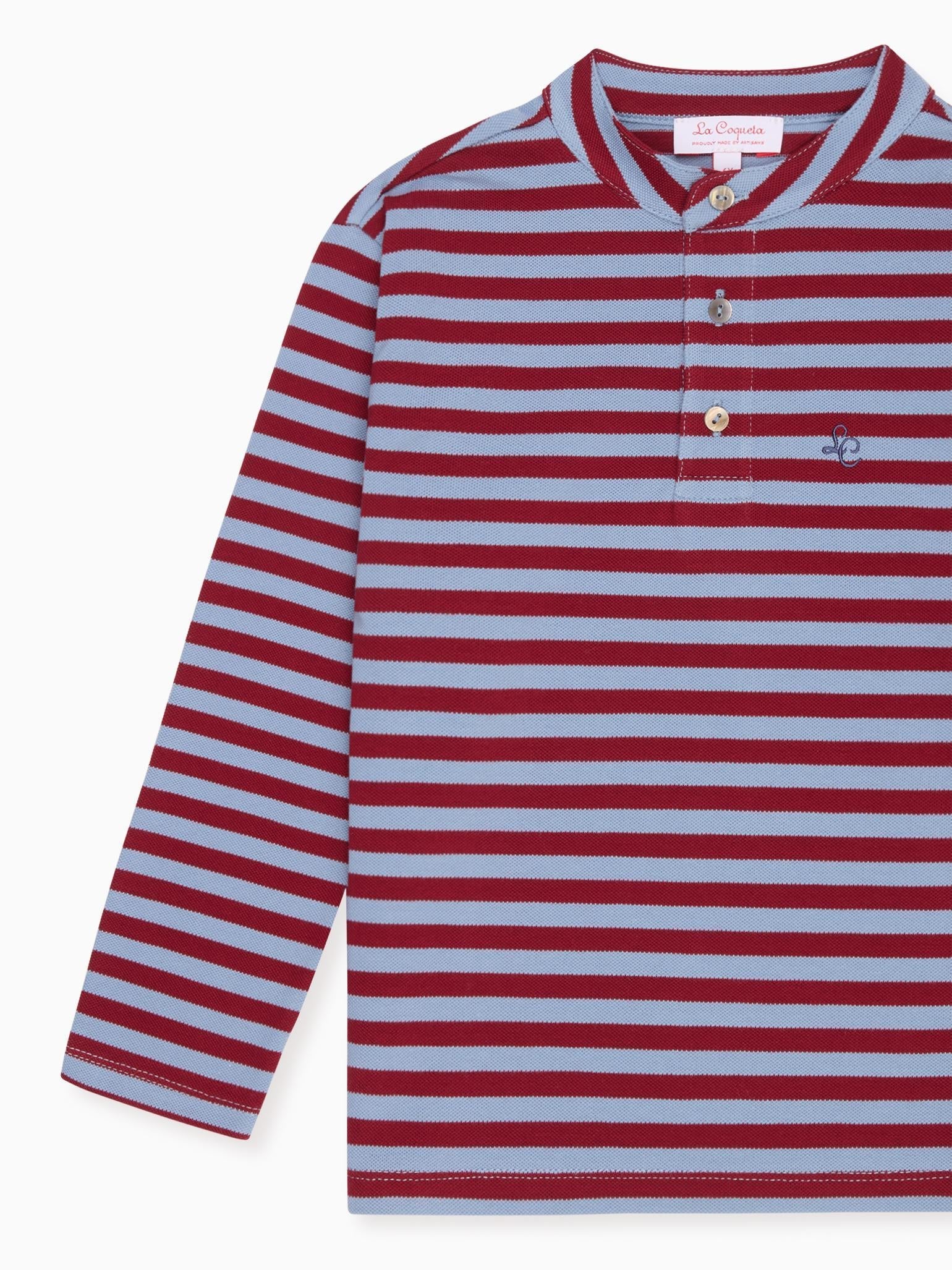 Dusty Blue & Burgundy Stripe Alcomo Long Sleeve Boy Polo Shirt
