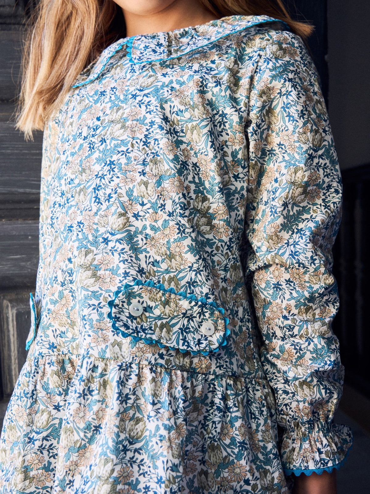 Teal Floral Tessa Liberty Girl Drop Waist Dress