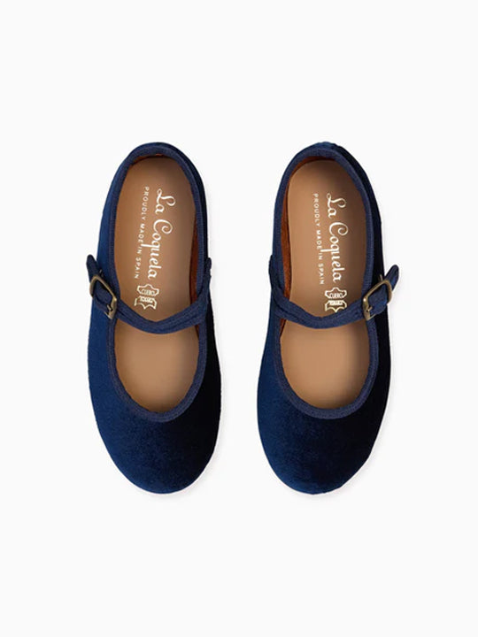 Navy Velvet Girl Mary Jane Shoes La Coqueta Kids UK