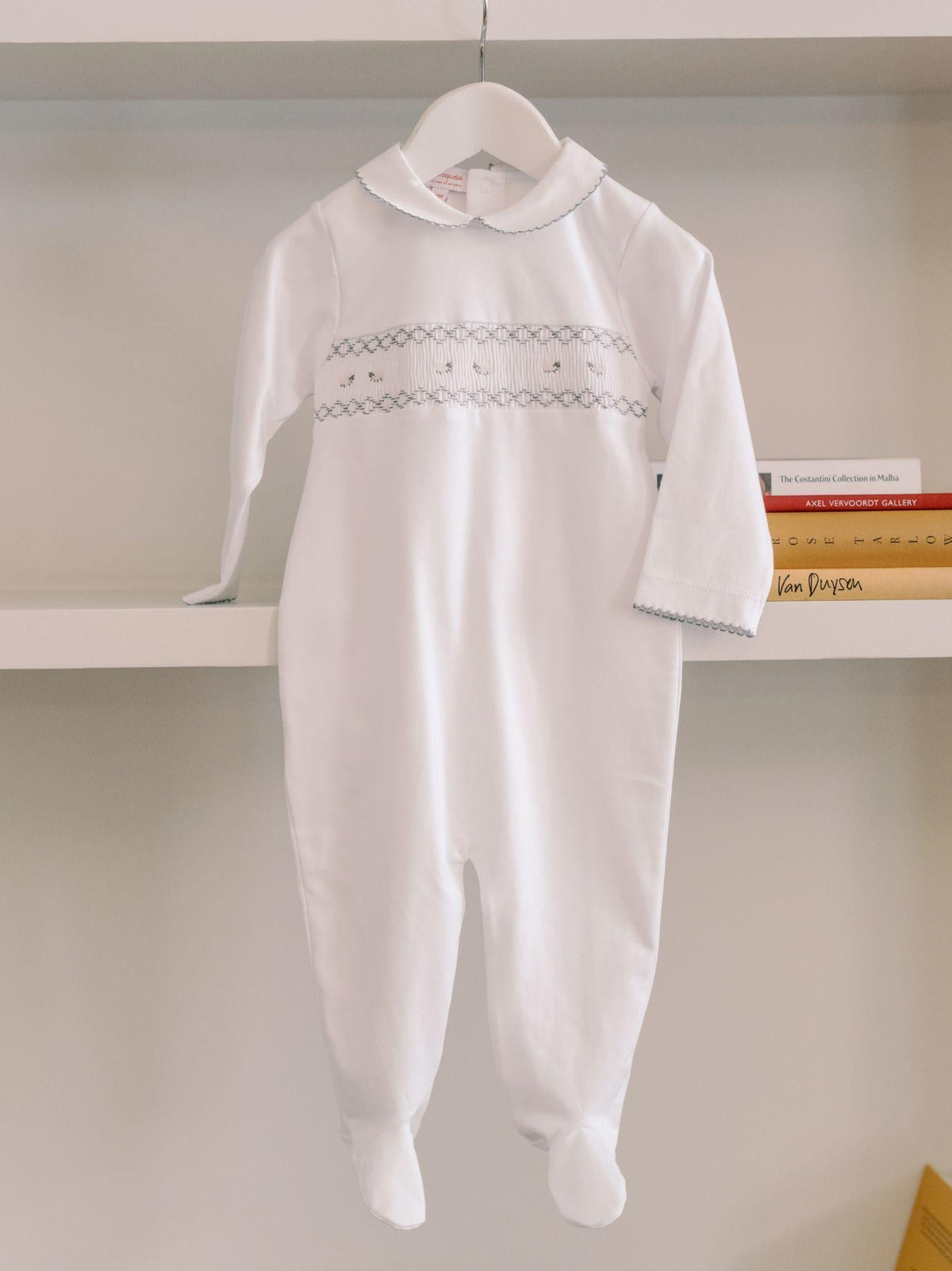 White Lamb Baby Girl Hand-Smocked Sleepsuit