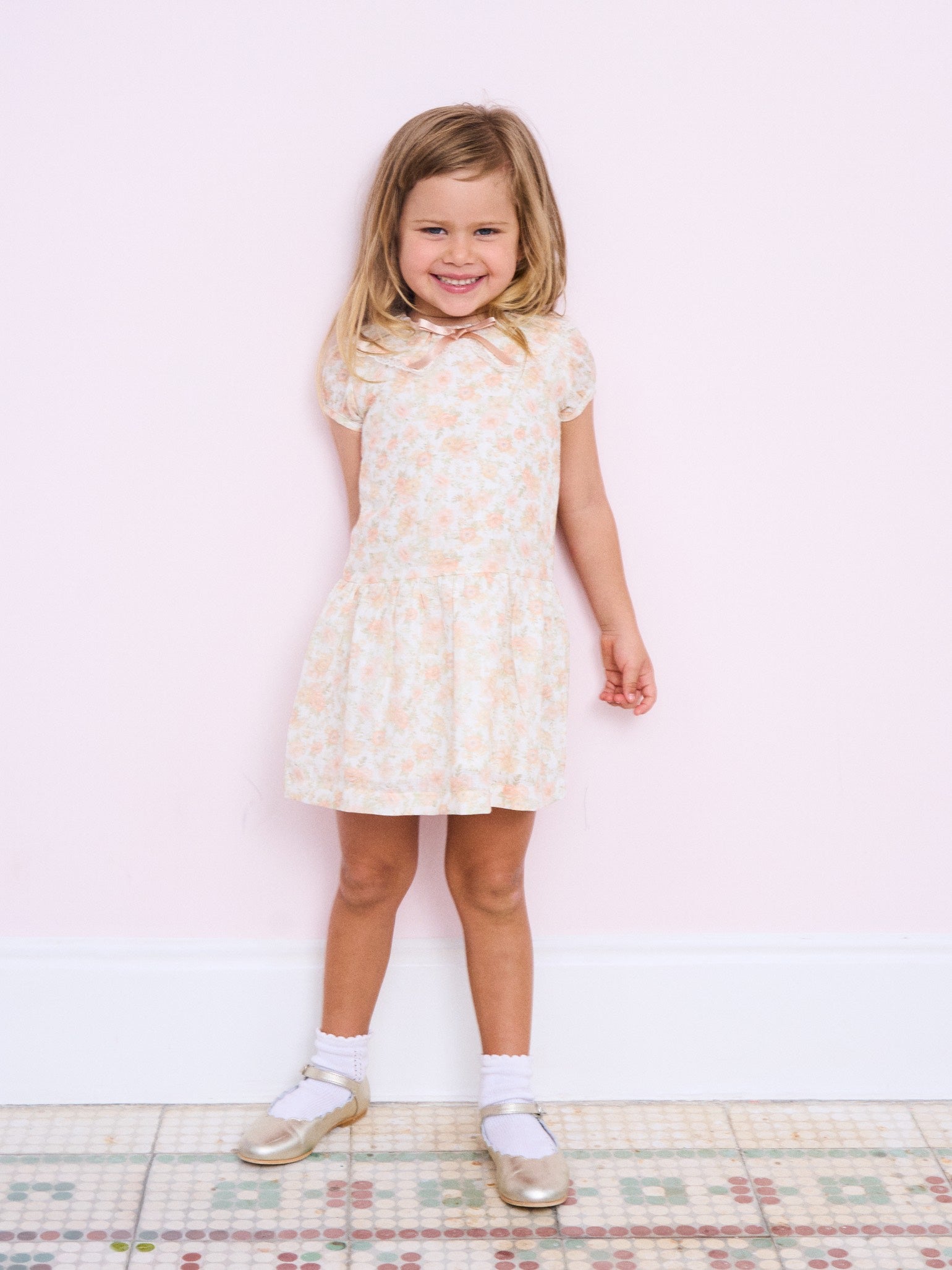 Peach Floral Xana Girl Drop Waist Dress