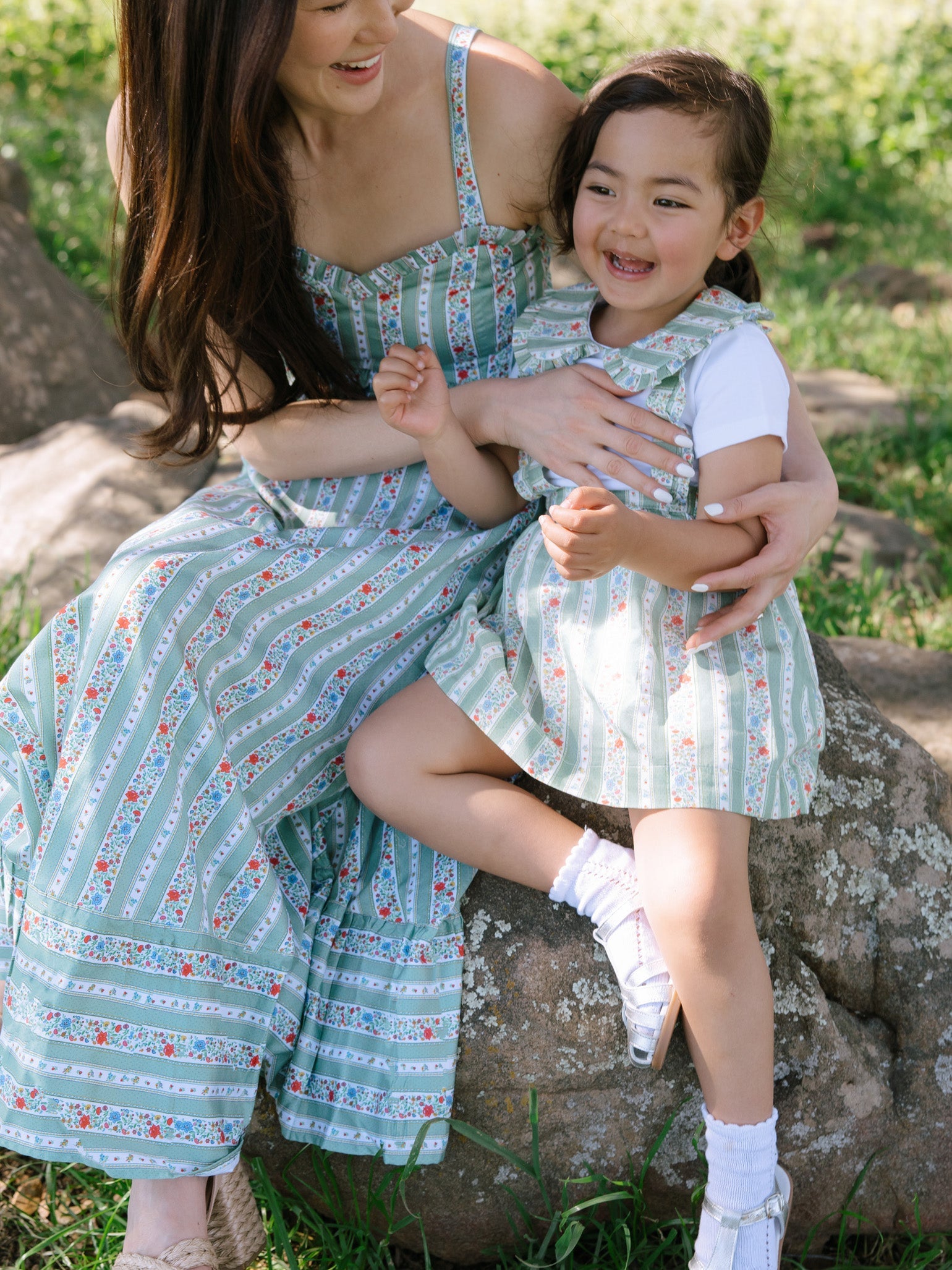 Sage Floral Stripe Reina Girl Pinafore Skirt