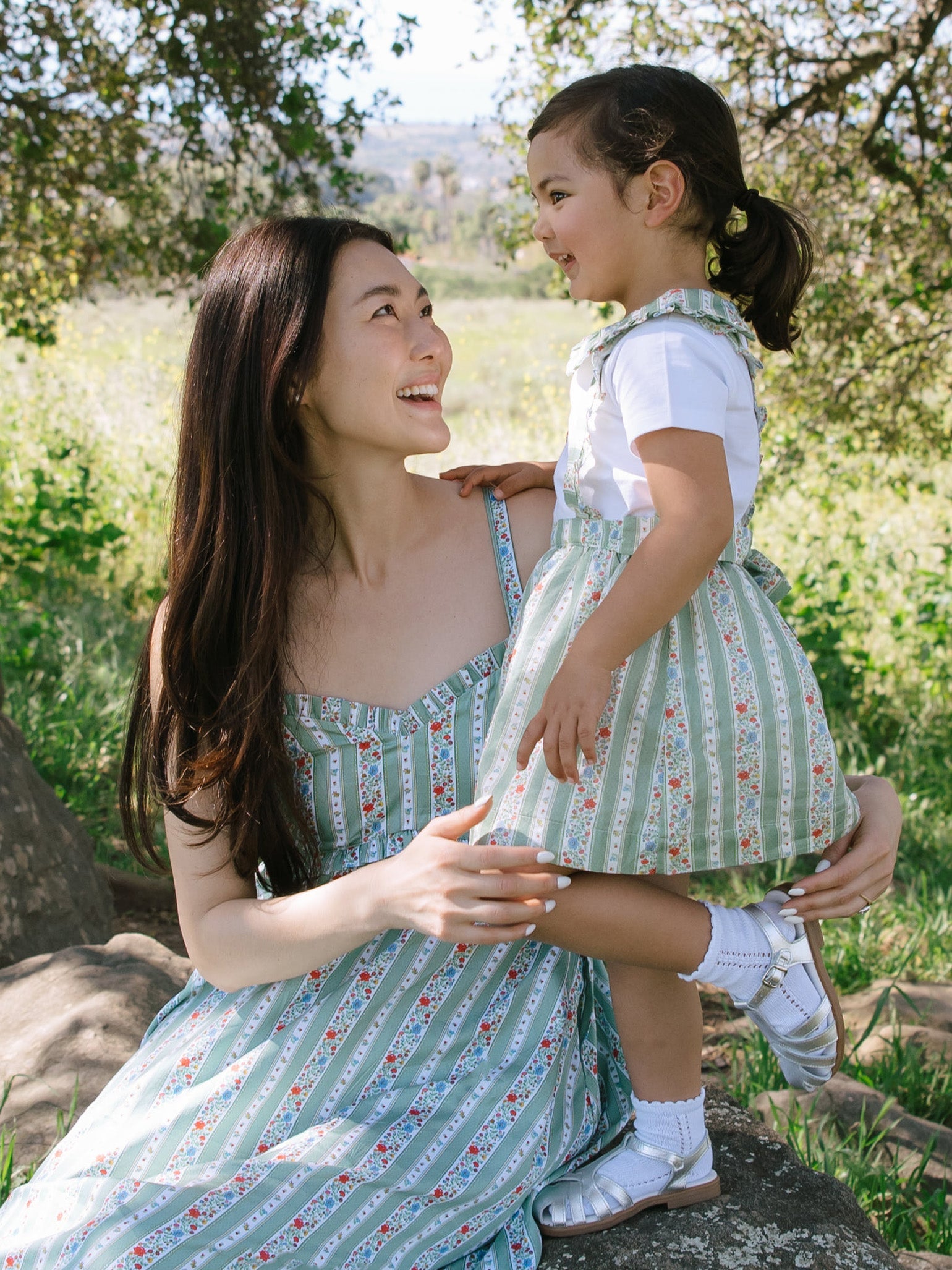 Sage Floral Stripe Reina Girl Pinafore Skirt