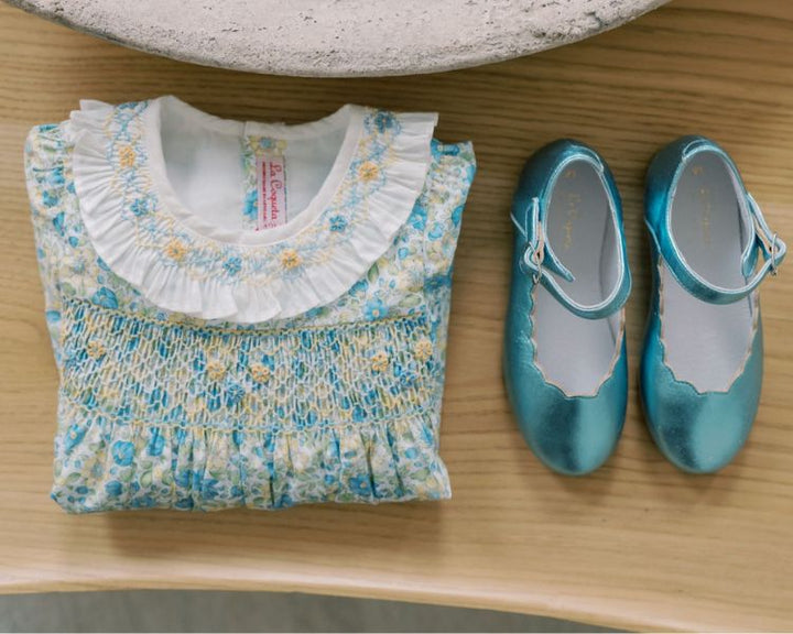 blue and white bohemian dress Lamour Little Girl's Selina Dusty Blue Mary Jane T-Strap Dress Shoes –  Madison-Drake Children's Boutique main image 1