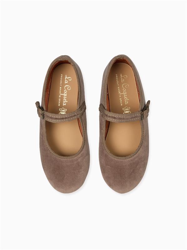 Taupe Velvet Girl Mary Jane Shoes