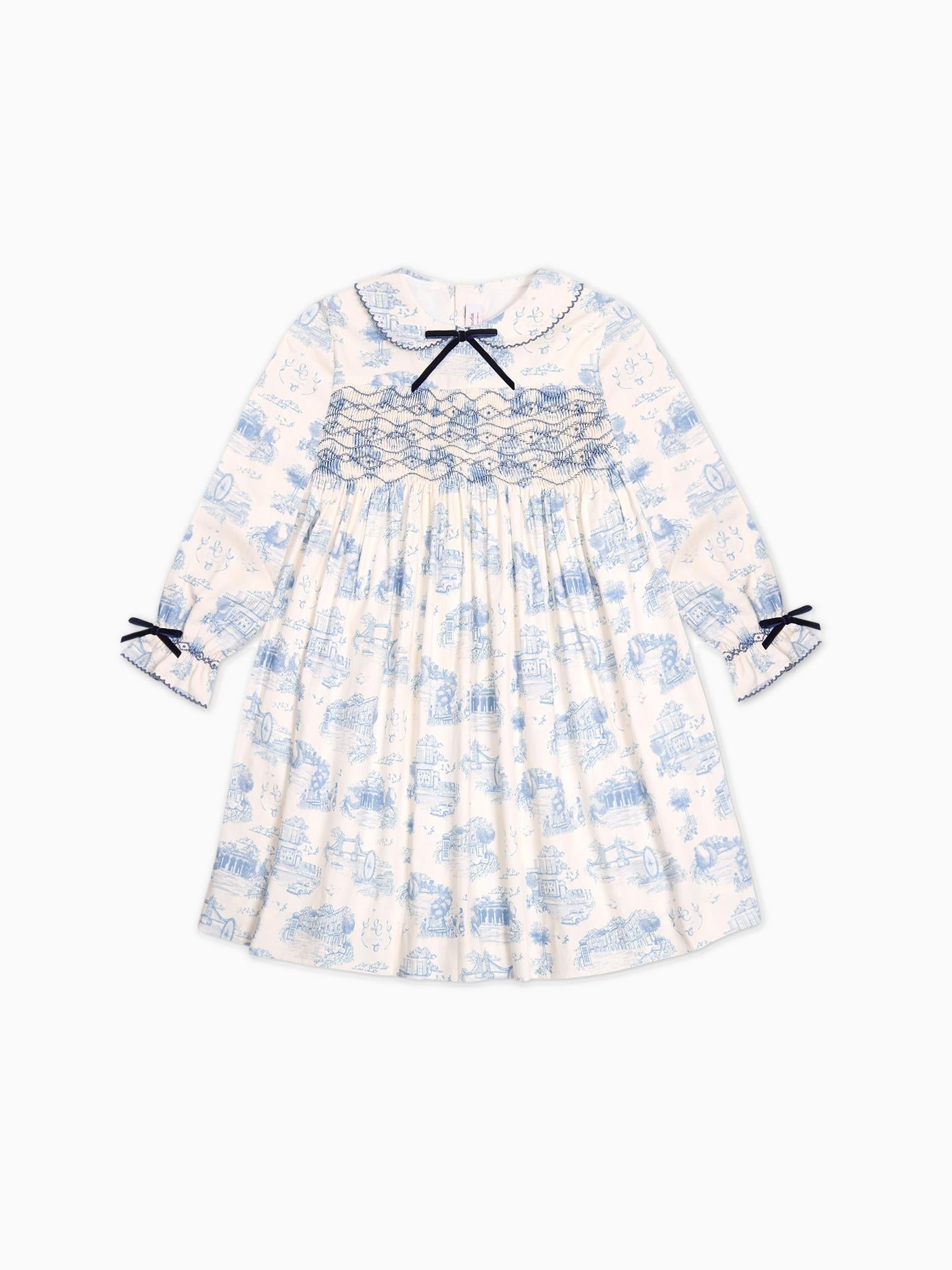 Blue Toile De Jouy Alice Girl Hand-Smocked Dress