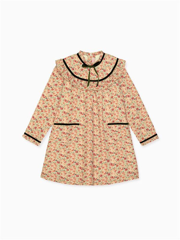 Floral patterned children’s dress in cream with red flowers and black trim, featuring a ruffled collar and front pockets.