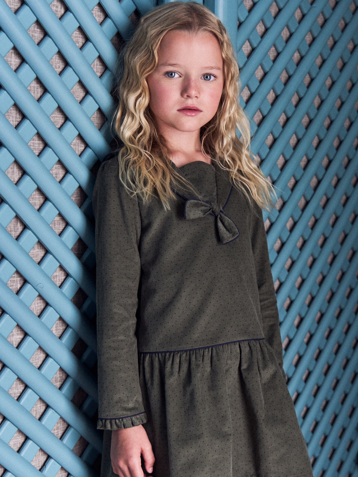 Olive Polka Dot Aranda Corduroy Girl Drop Waist Dress