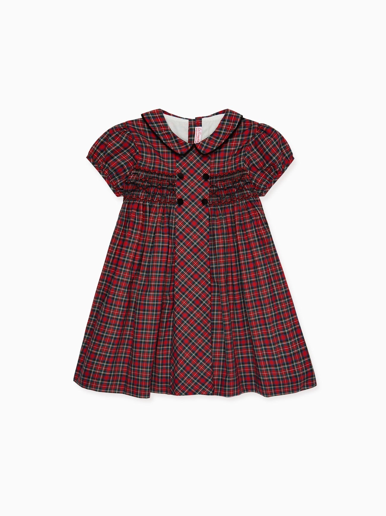 Elegant children's red and green tartan plaid dress with Peter Pan collar and shirred bodice, ideal for festive occasions.