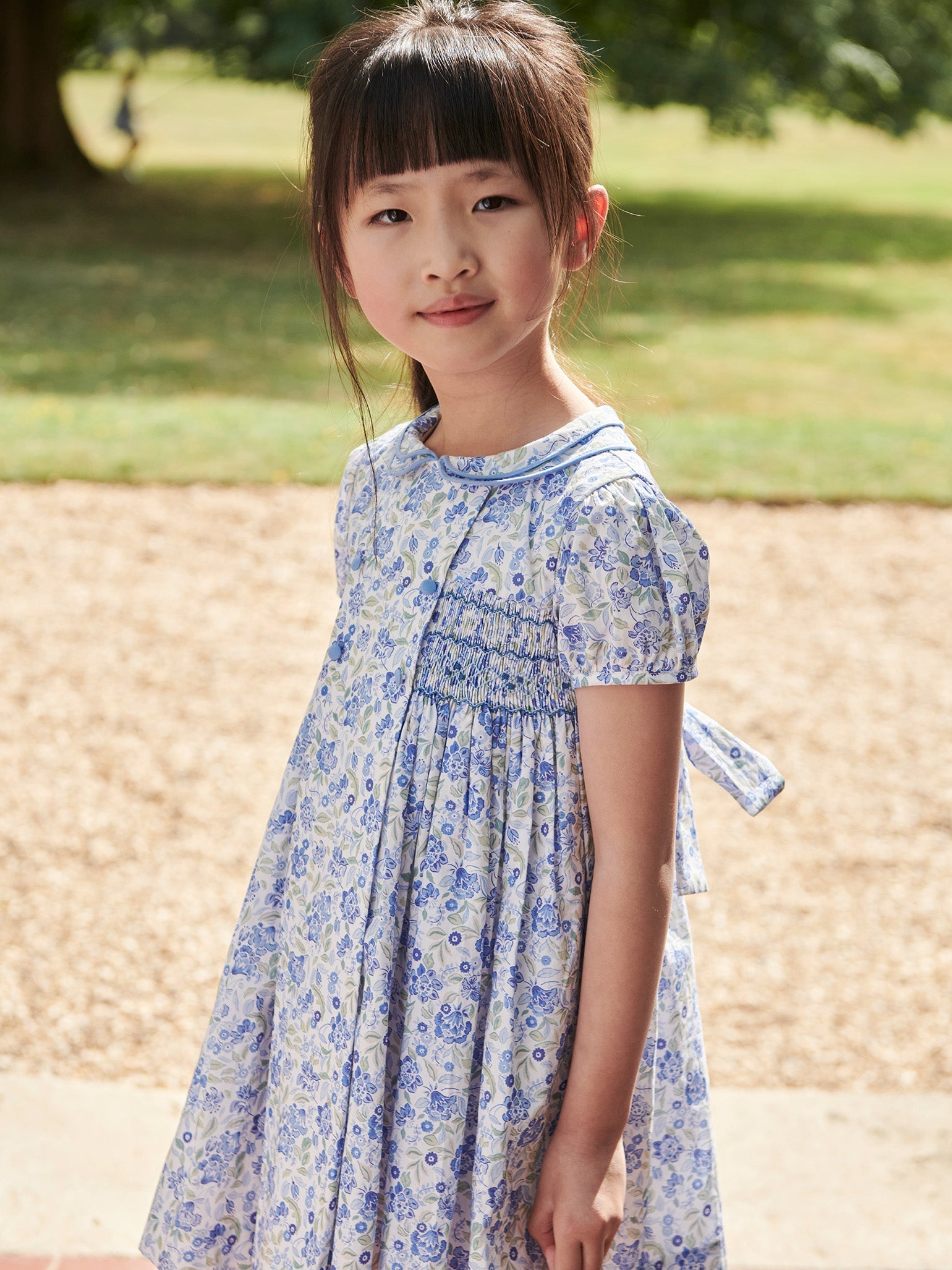 Dusty Blue Floral Arcadia Girl Hand-Smocked Dress