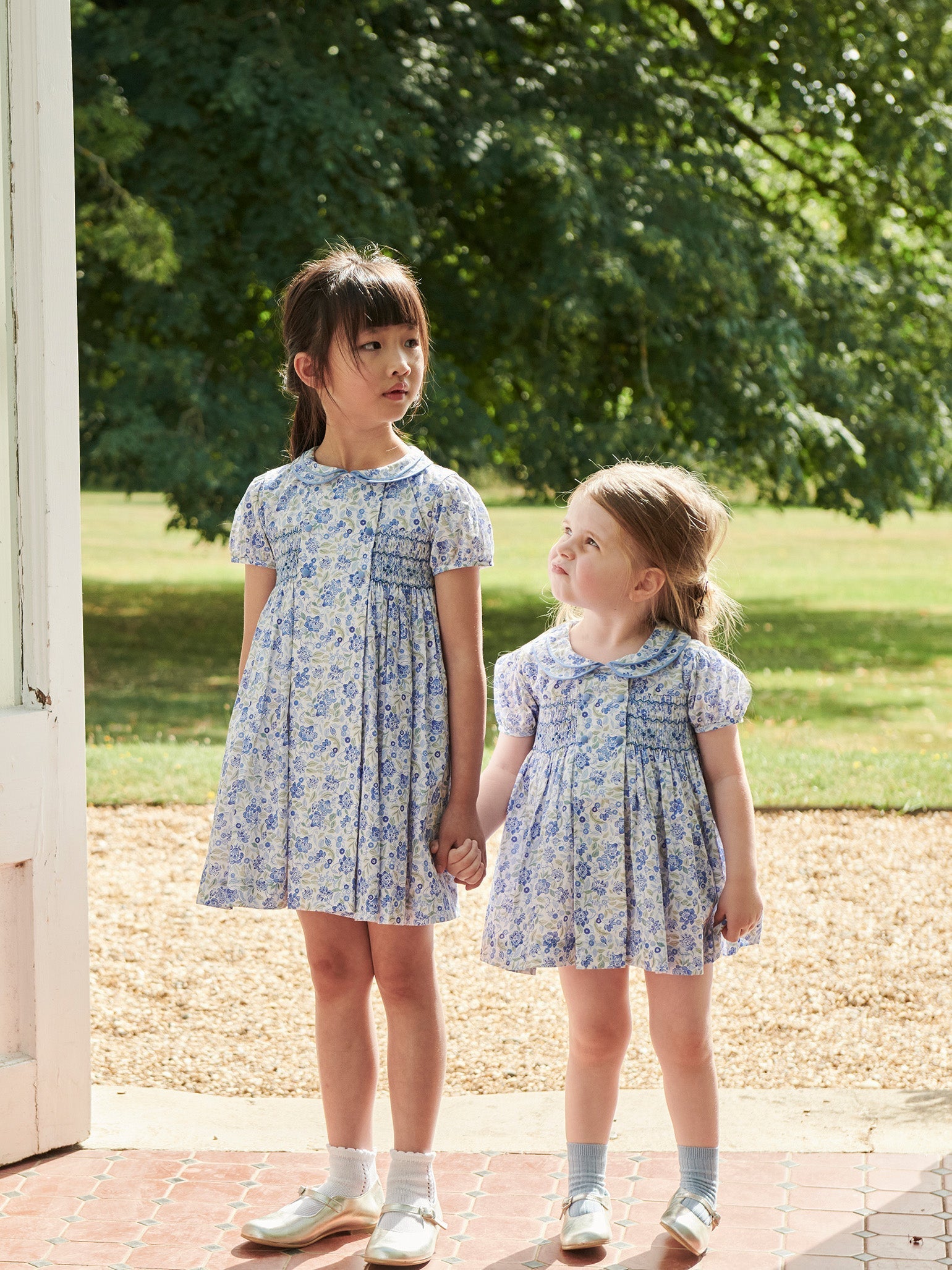 Dusty Blue Floral Arcadia Girl Hand-Smocked Dress