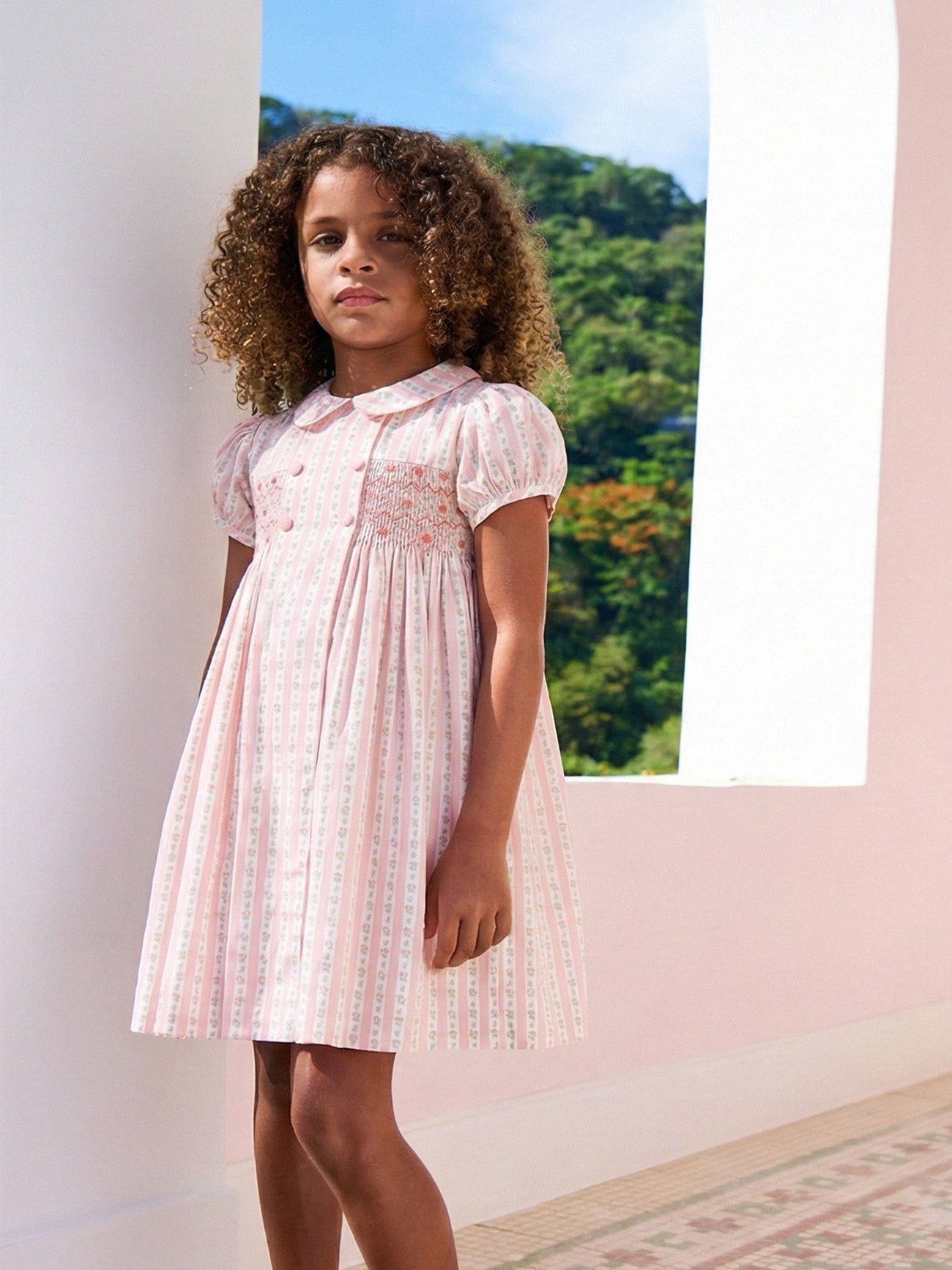 Pink Floral Stripe Arcadia Girl Hand-Smocked Dress