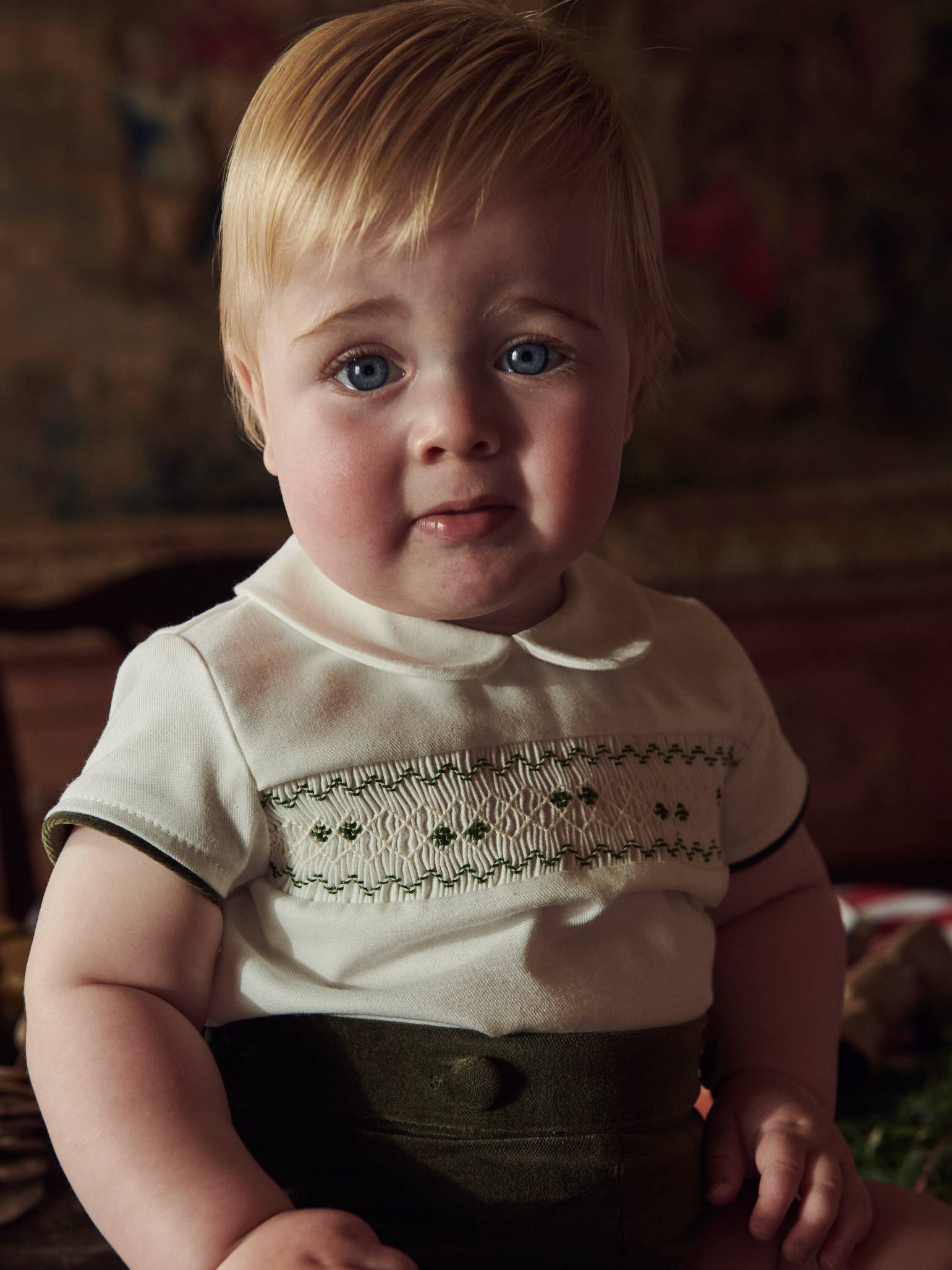 Green Bautista Velvet Baby Boy Hand-Smocked Set