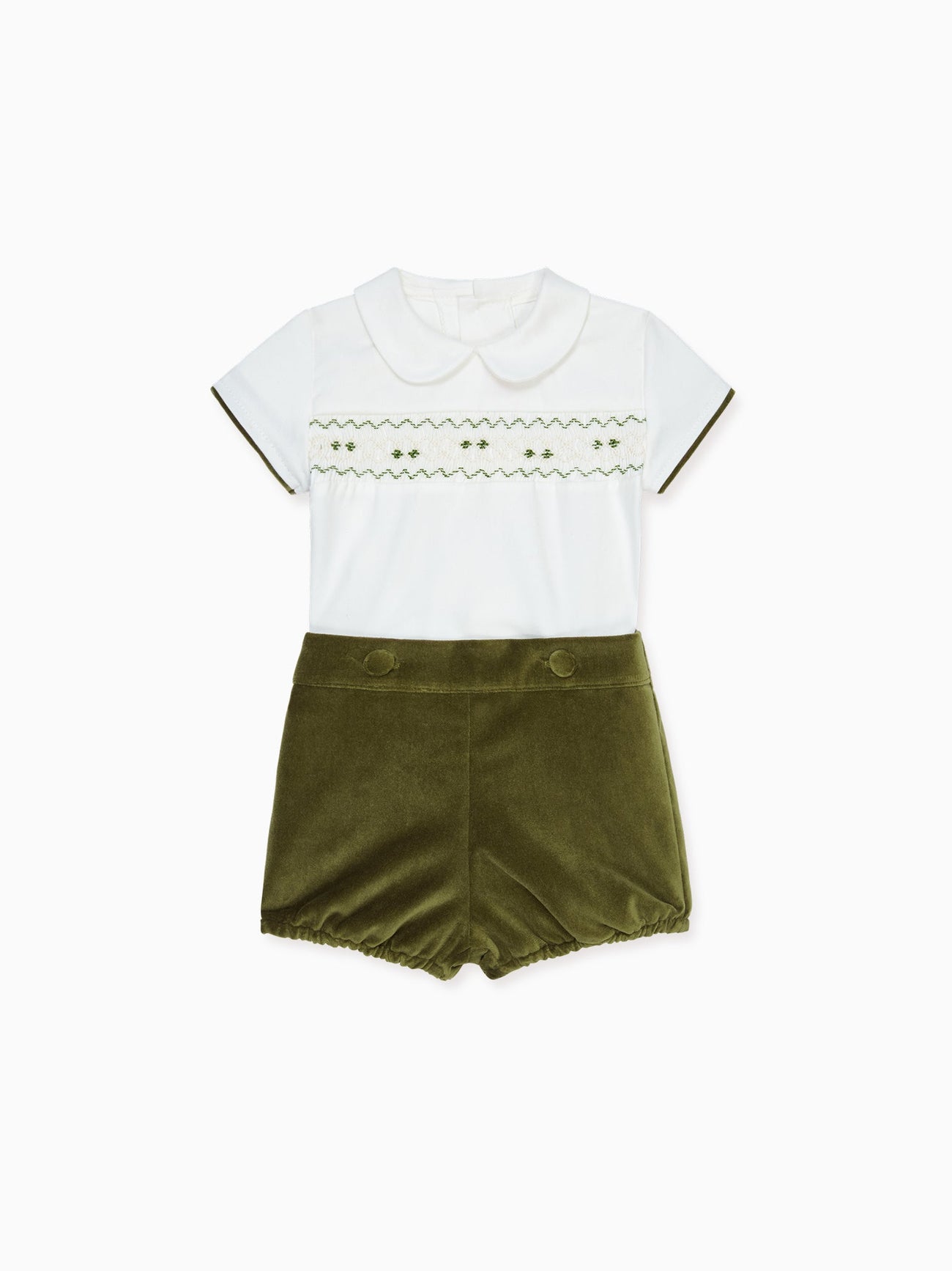 Green Bautista Velvet Baby Boy Hand-Smocked Set
