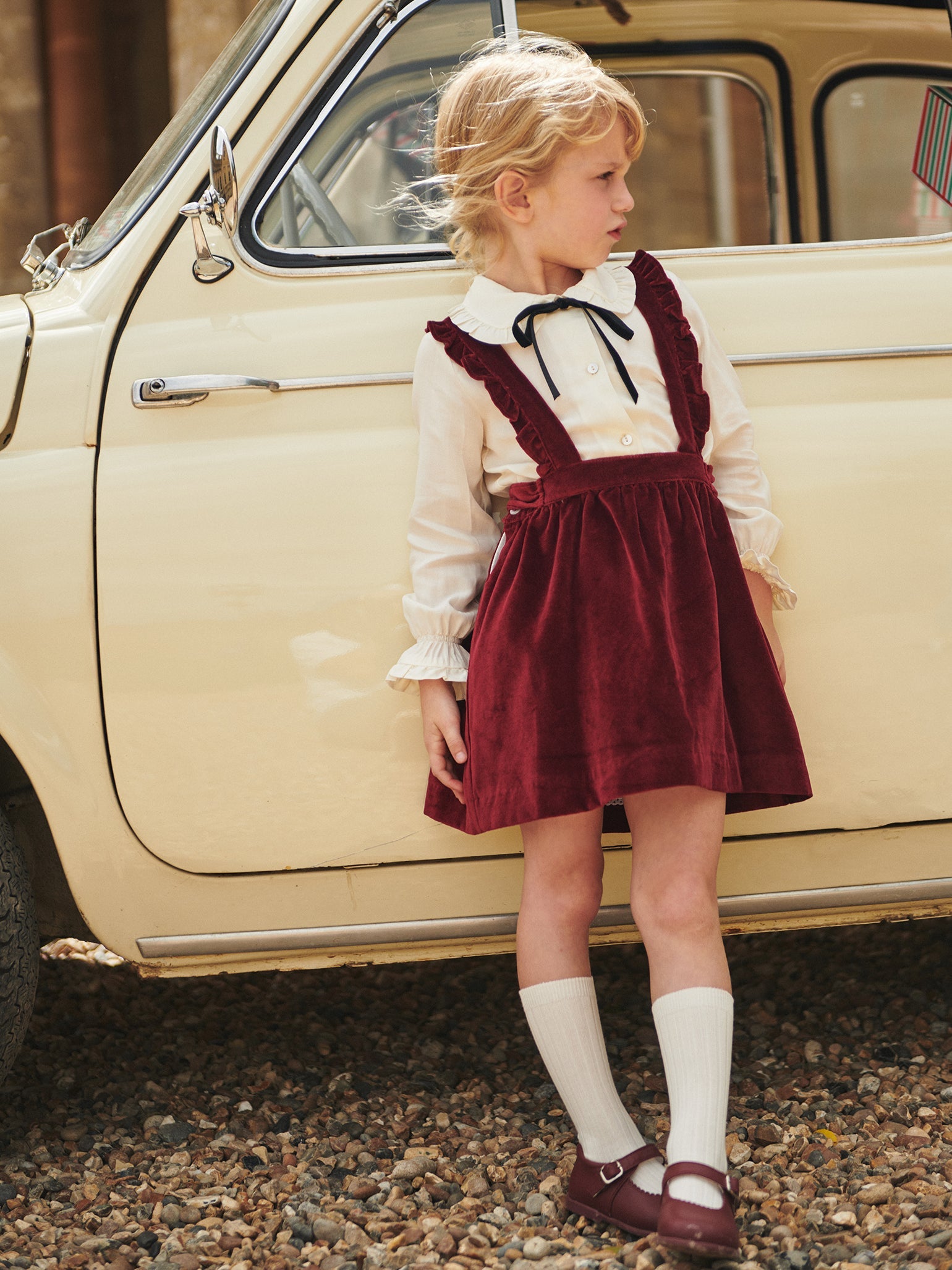 Burgundy Reina Velvet Girl Pinafore Skirt