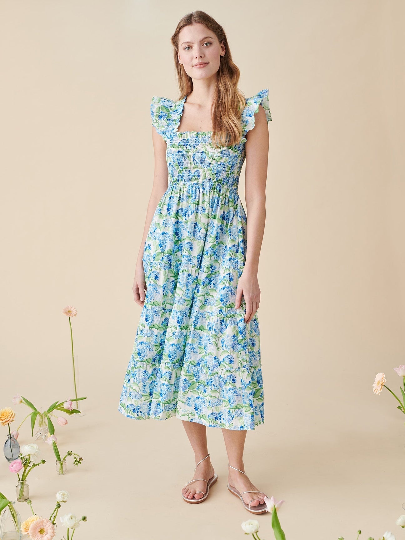 strapless open back dress Hill House Home X La Coqueta Blue Watercolour Hydrangea Ellie Nap Dress