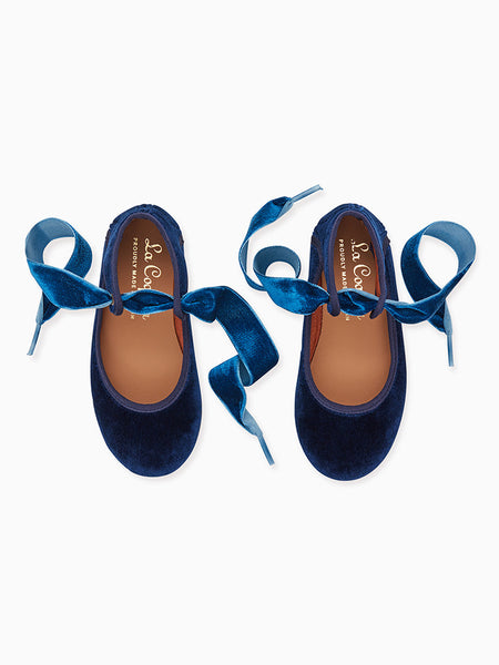 Navy Velvet Girl Bow Ballerina Shoes La Coqueta Kids