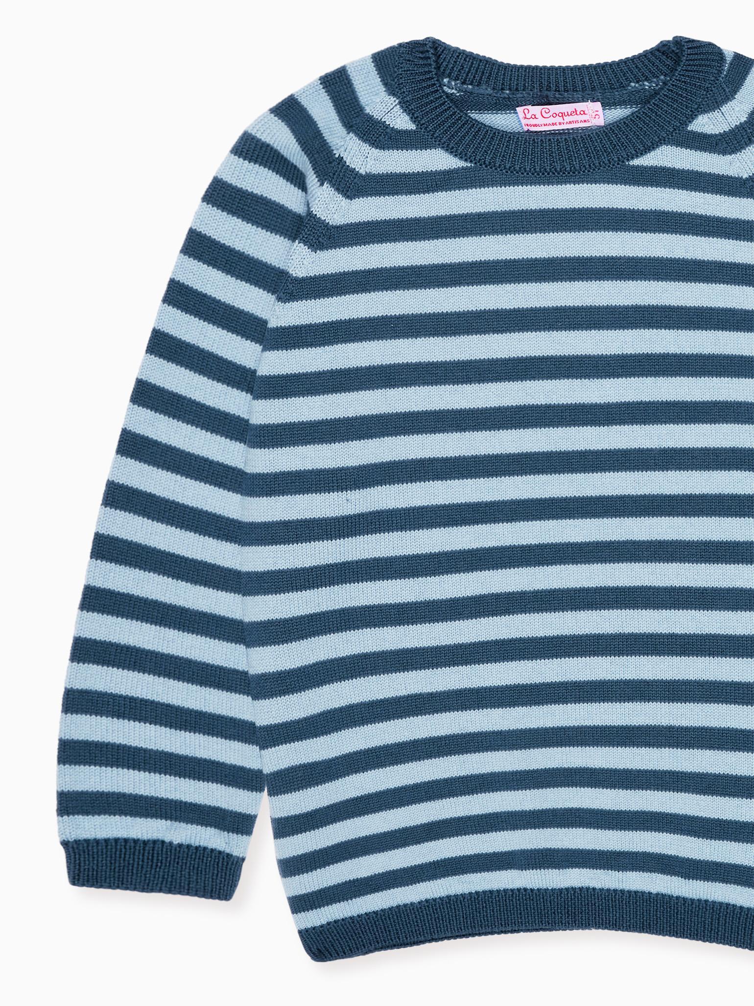 Petrol Blue Stripe Bromo Merino Boy Jumper