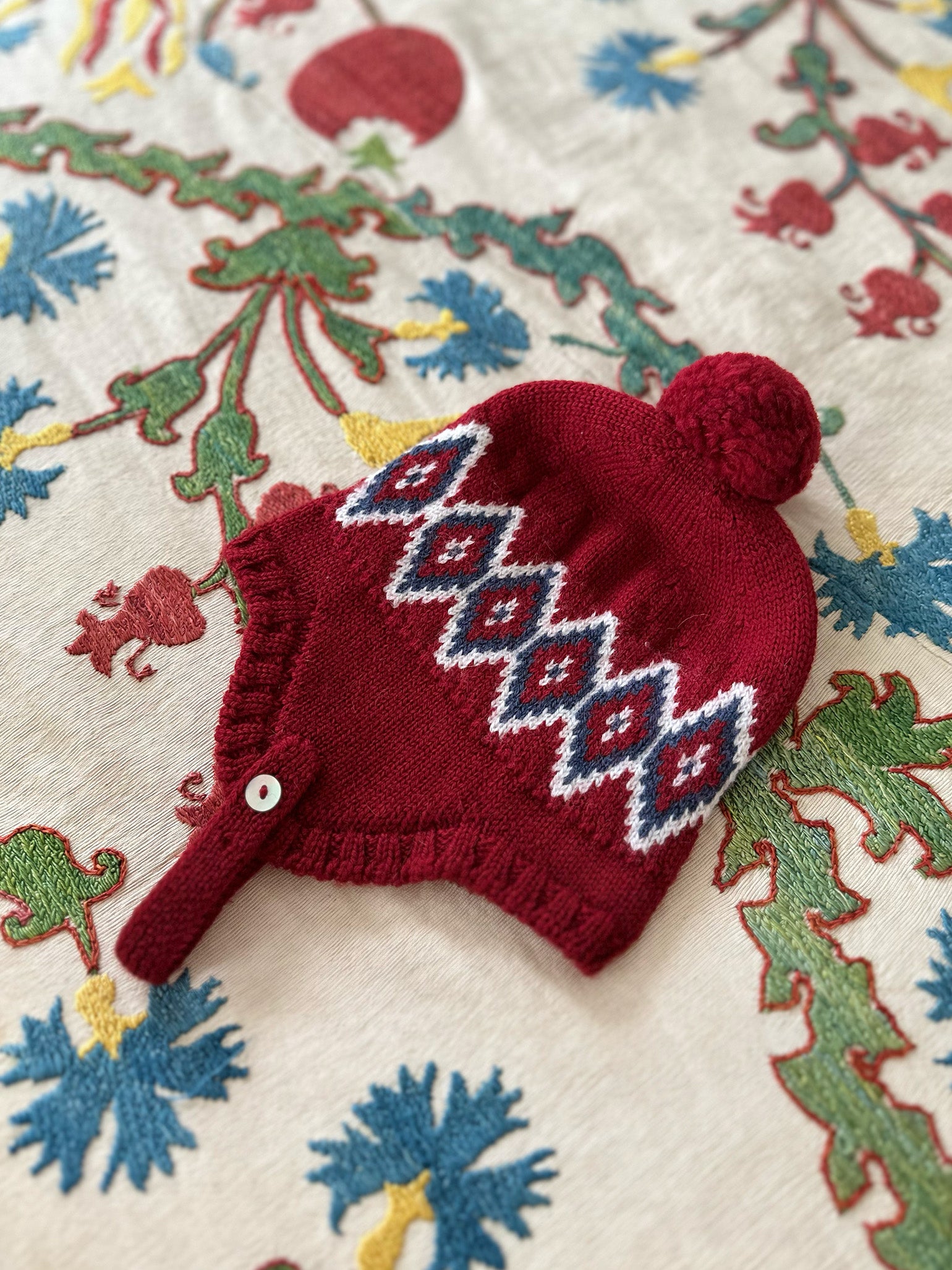 Burgundy Fairisle Renta Merino Baby Bonnet