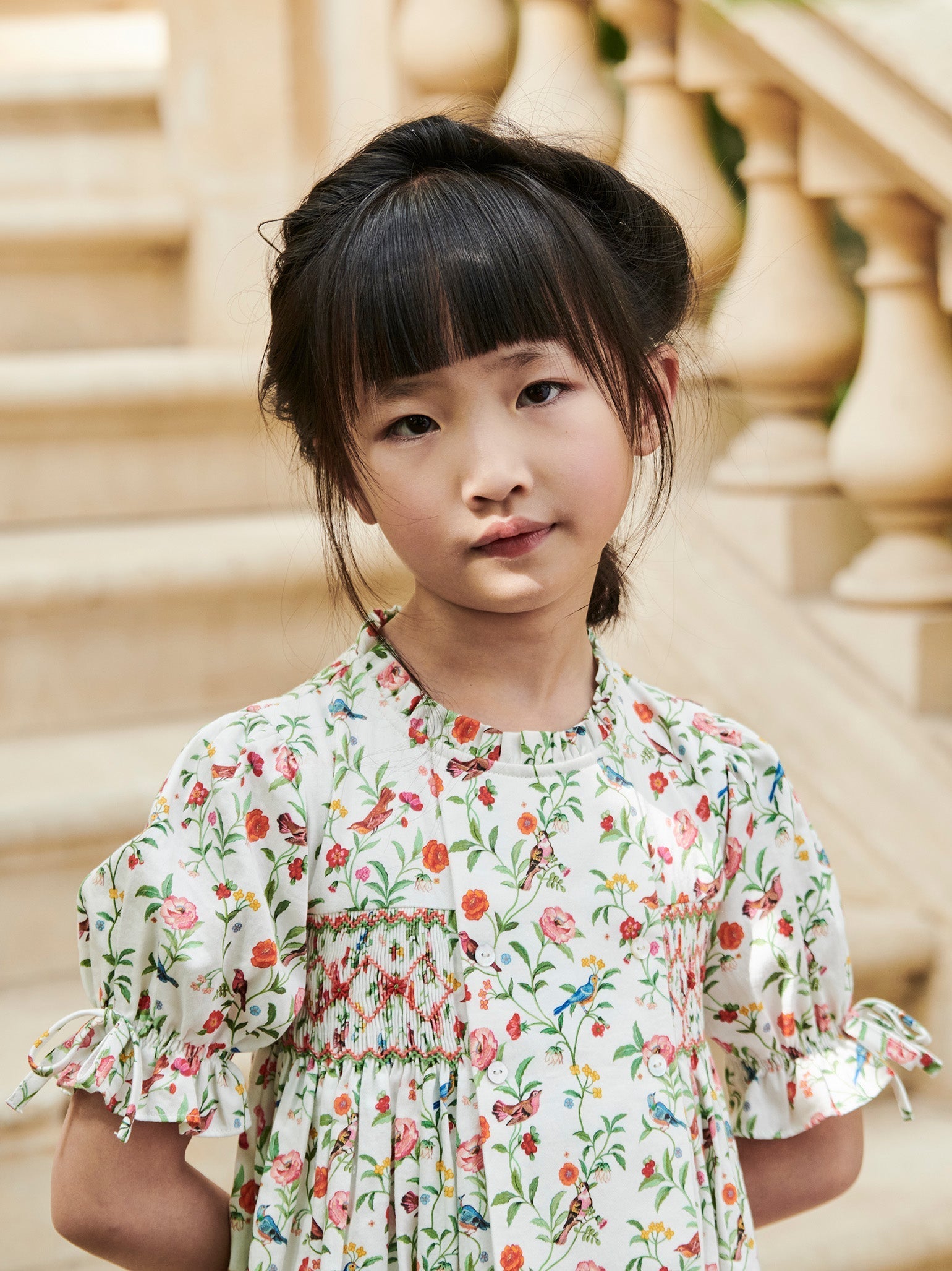 Ivory Bird Floral Carla Girl Hand-Smocked Dress