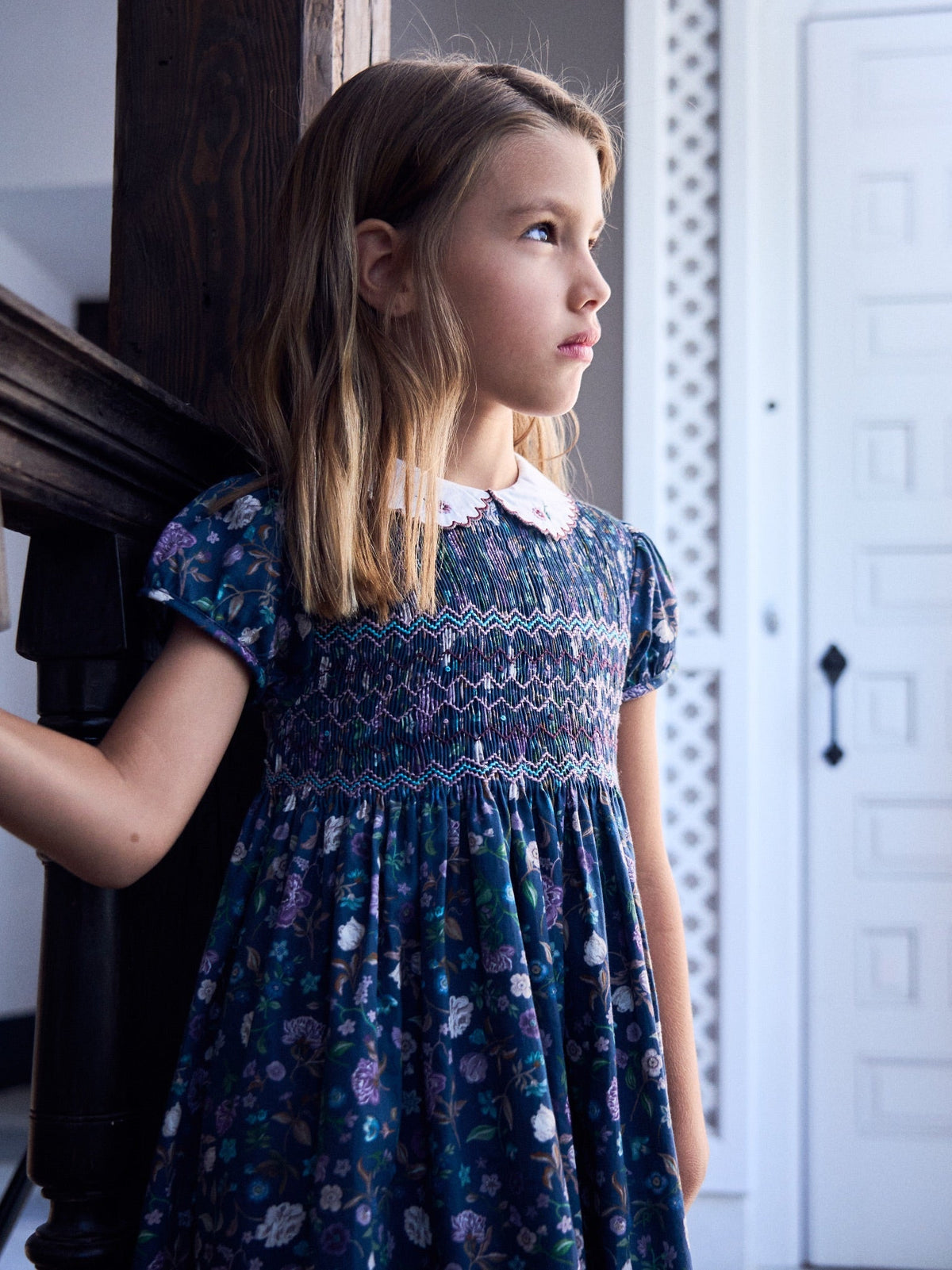 Navy Floral Carmen Girl Hand-Smocked Dress