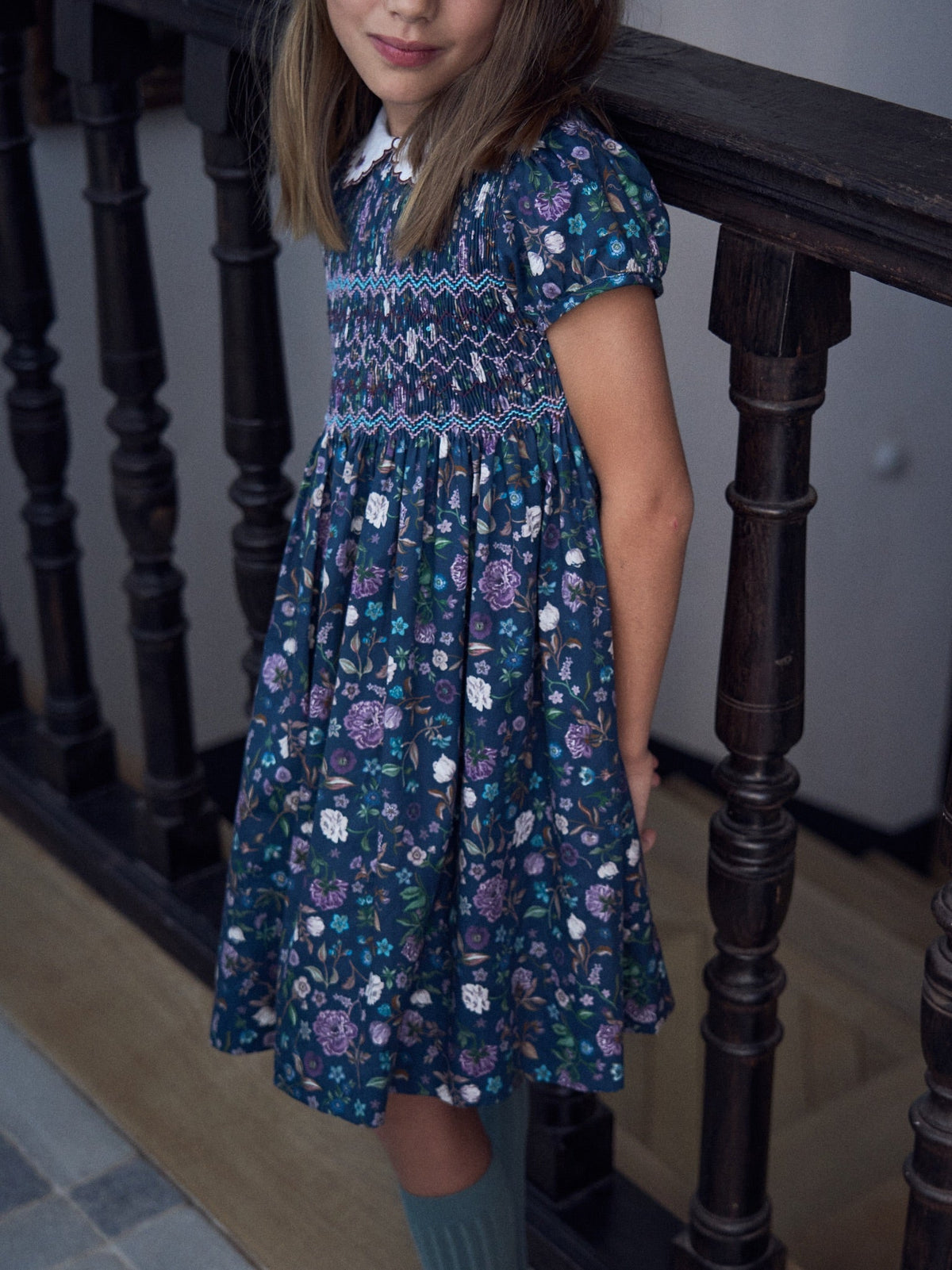Navy Floral Carmen Girl Hand-Smocked Dress