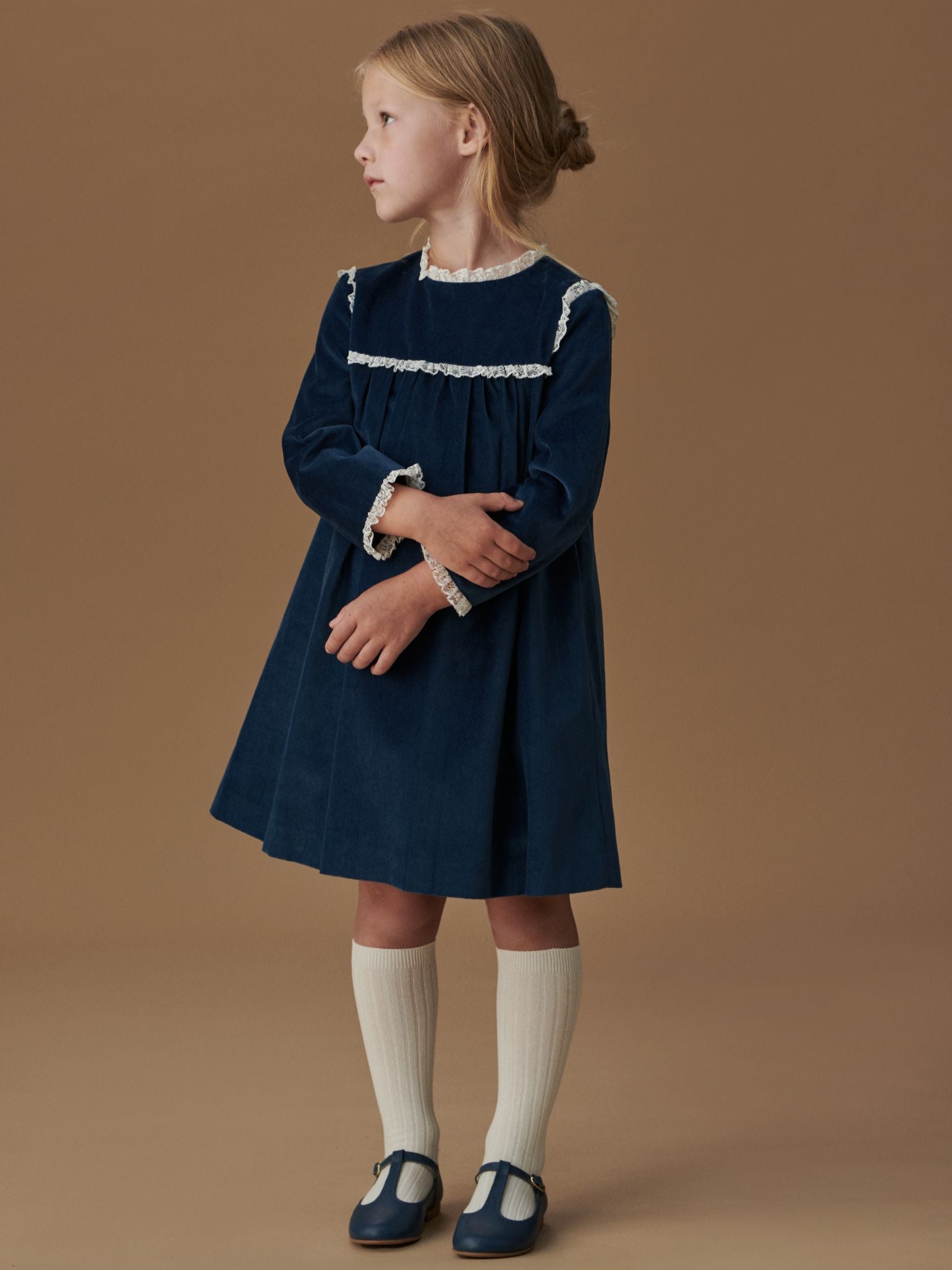 Blue Carolina Velvet Girl Empire Dress