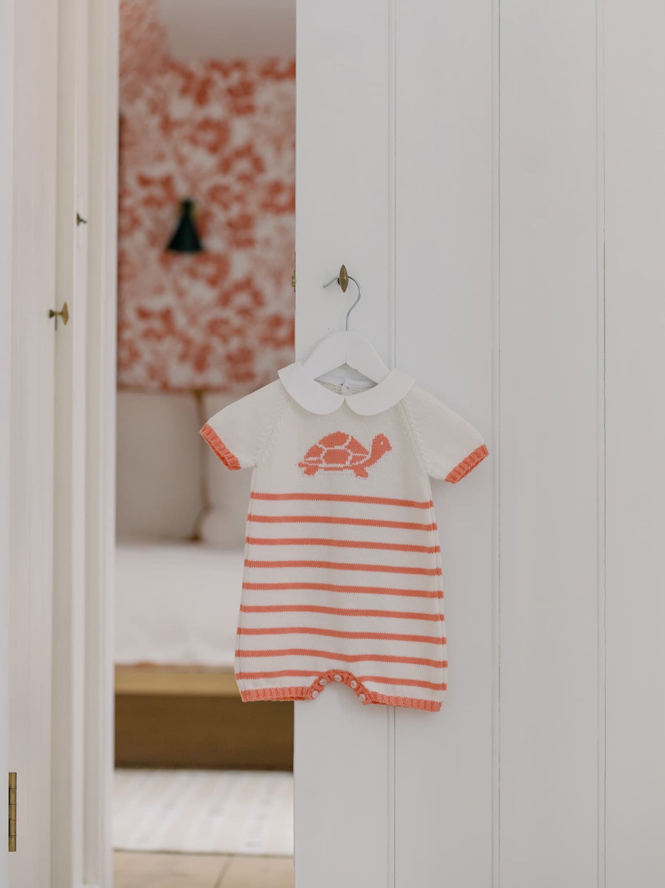 Coral Stripe Clavel Cotton Turtle Baby Knitted Jumpsuit