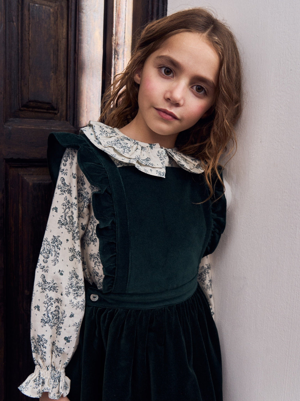 Green Toile Du Jouy Lila Long Sleeve Girl Shirt