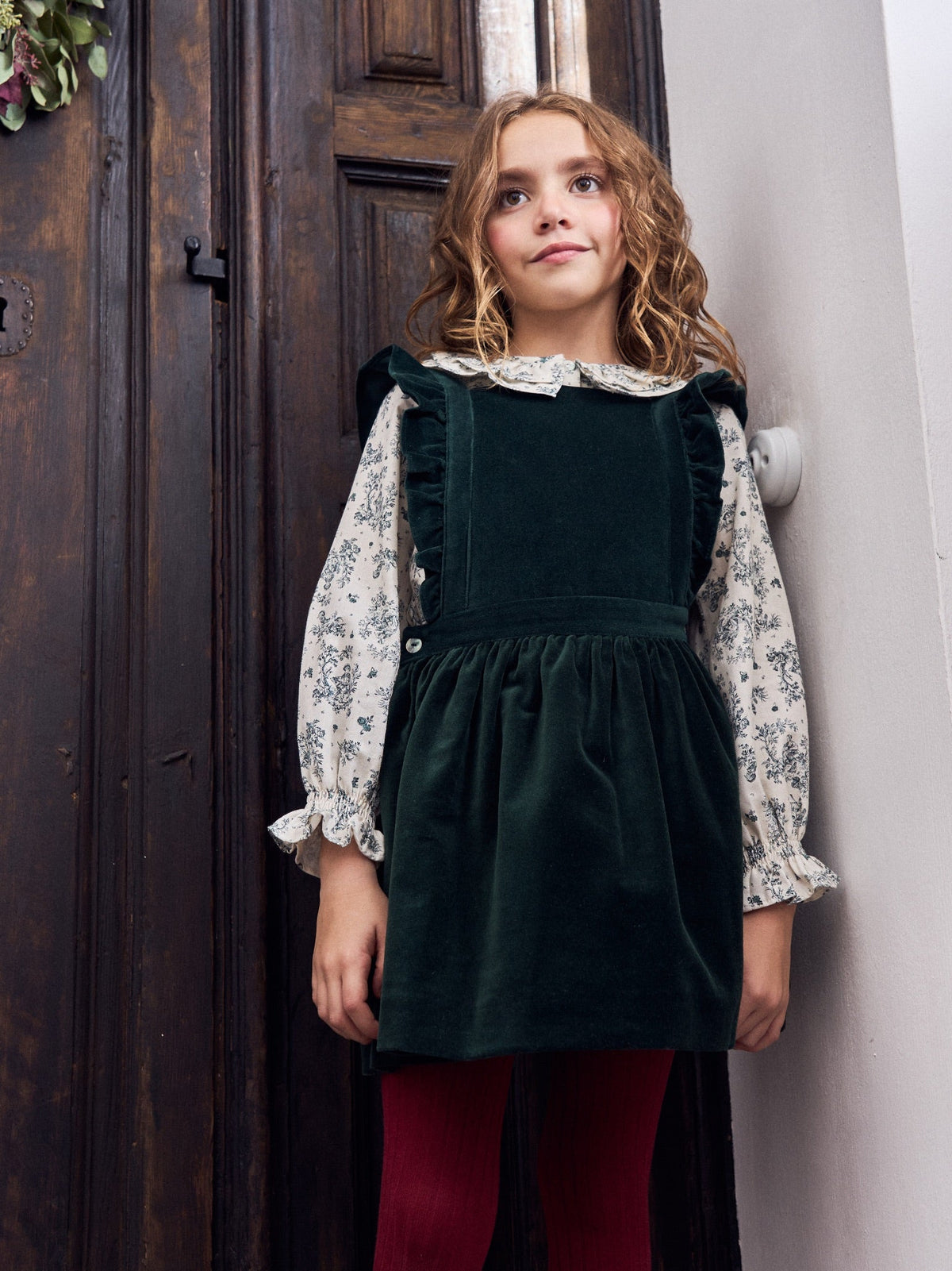 Dark Green Cora Velvet Girl Pinafore Skirt