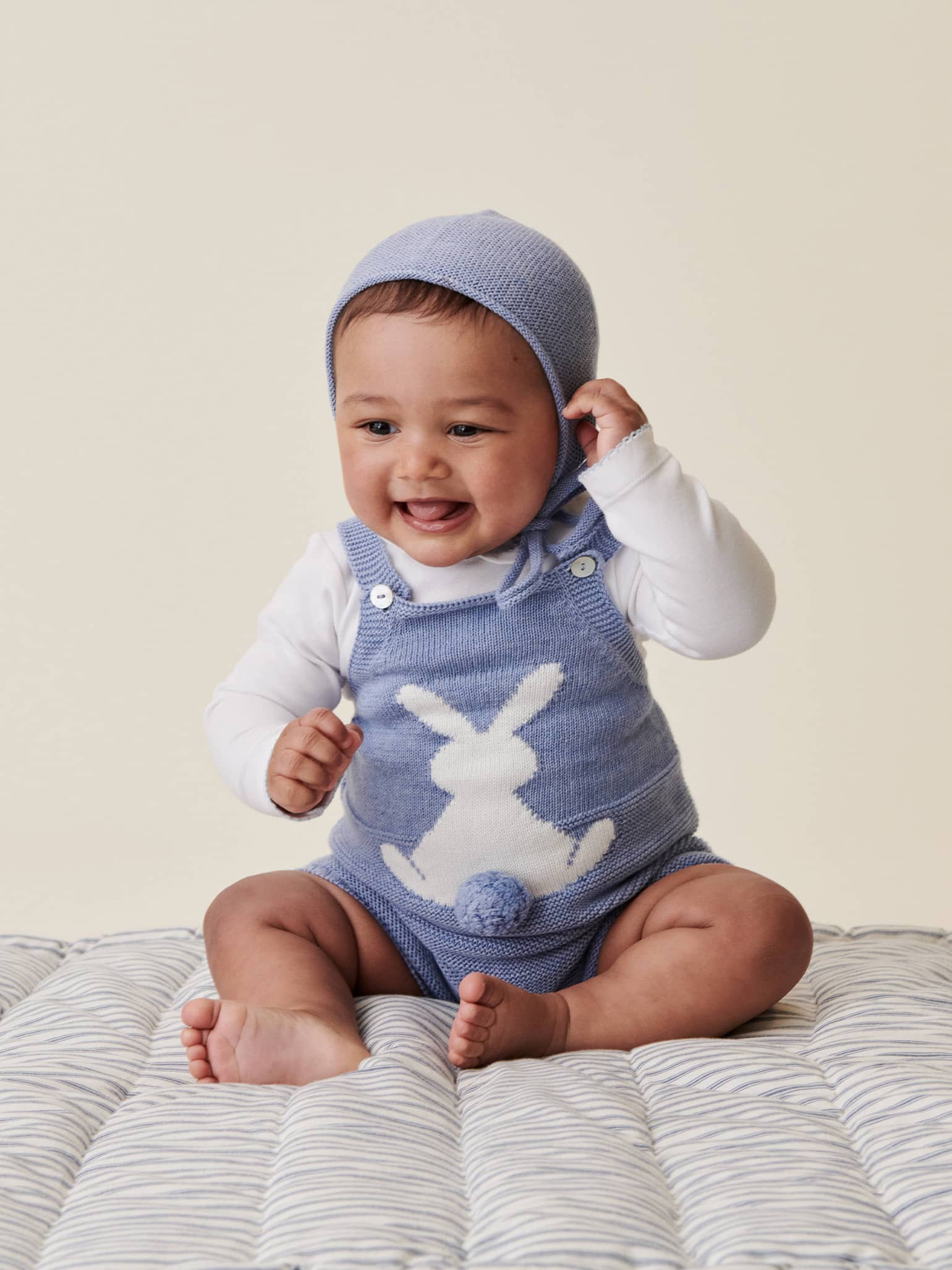 Blue Crispa Cotton Bunny Baby Knitted Overalls