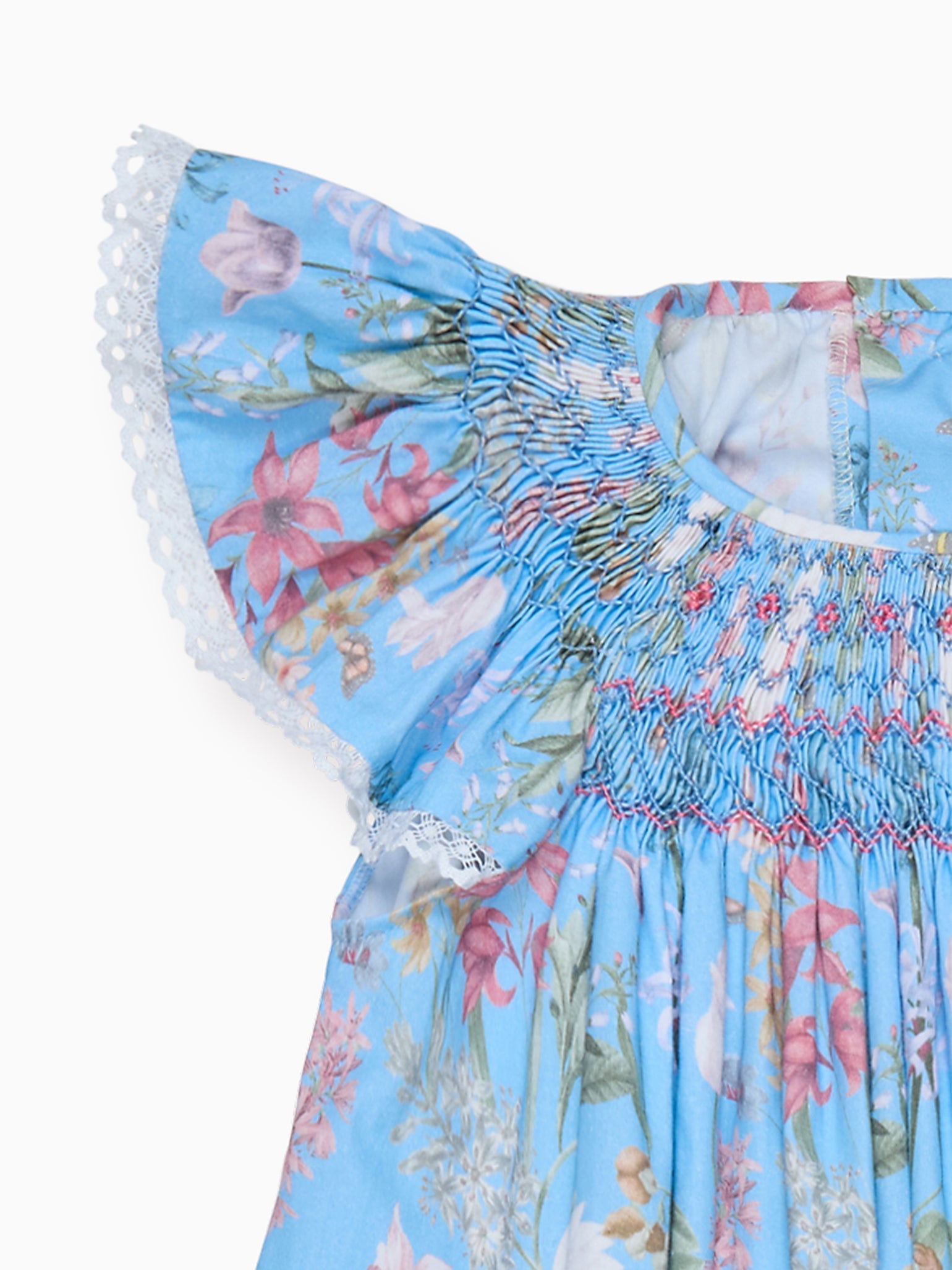 Dusty Blue Floral Dhalia Girl Hand-Smocked Dress