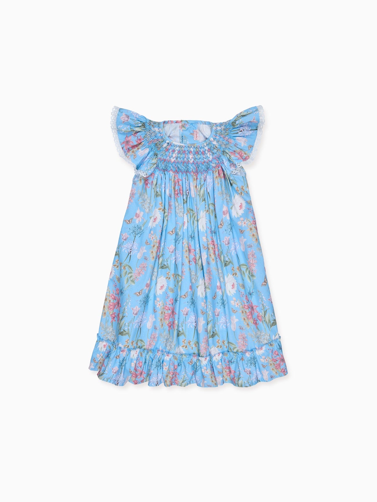 Dusty Blue Floral Dhalia Girl Hand-Smocked Dress