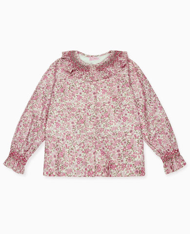 Pink Floral Emanuella Long Sleeve Girl Hand-Smocked Shirt