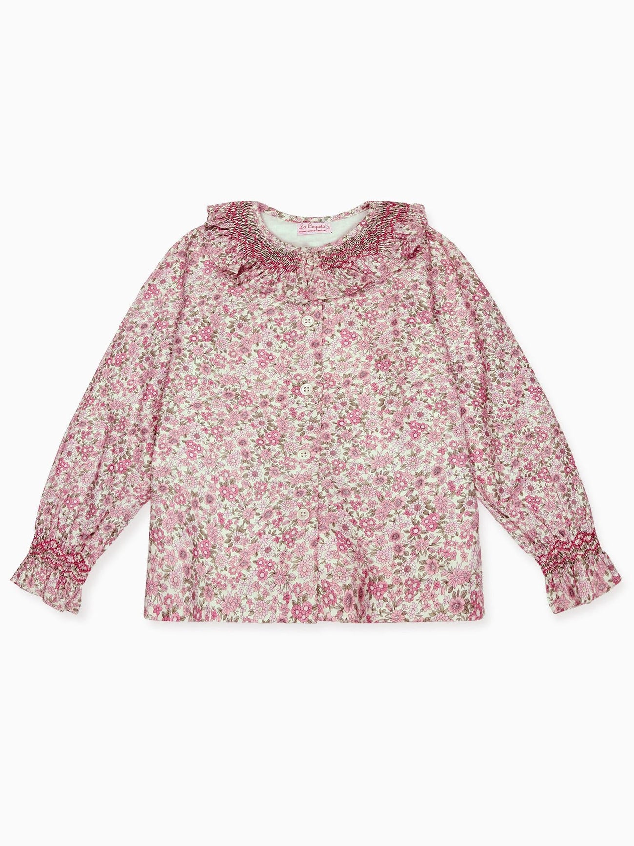Pink Floral Emanuella Long Sleeve Girl Hand-Smocked Shirt