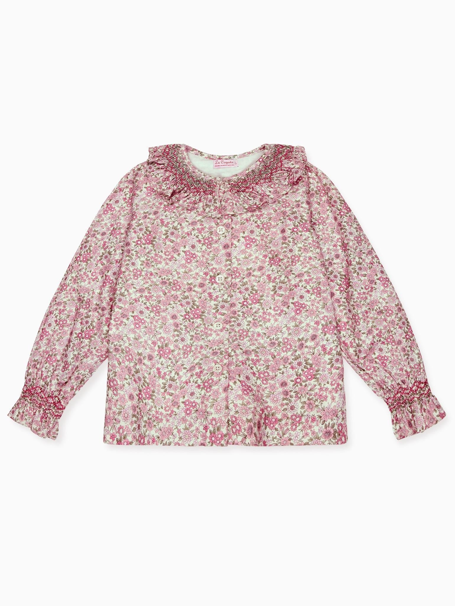 Pink Floral Emanuella Long Sleeve Girl Hand-Smocked Shirt