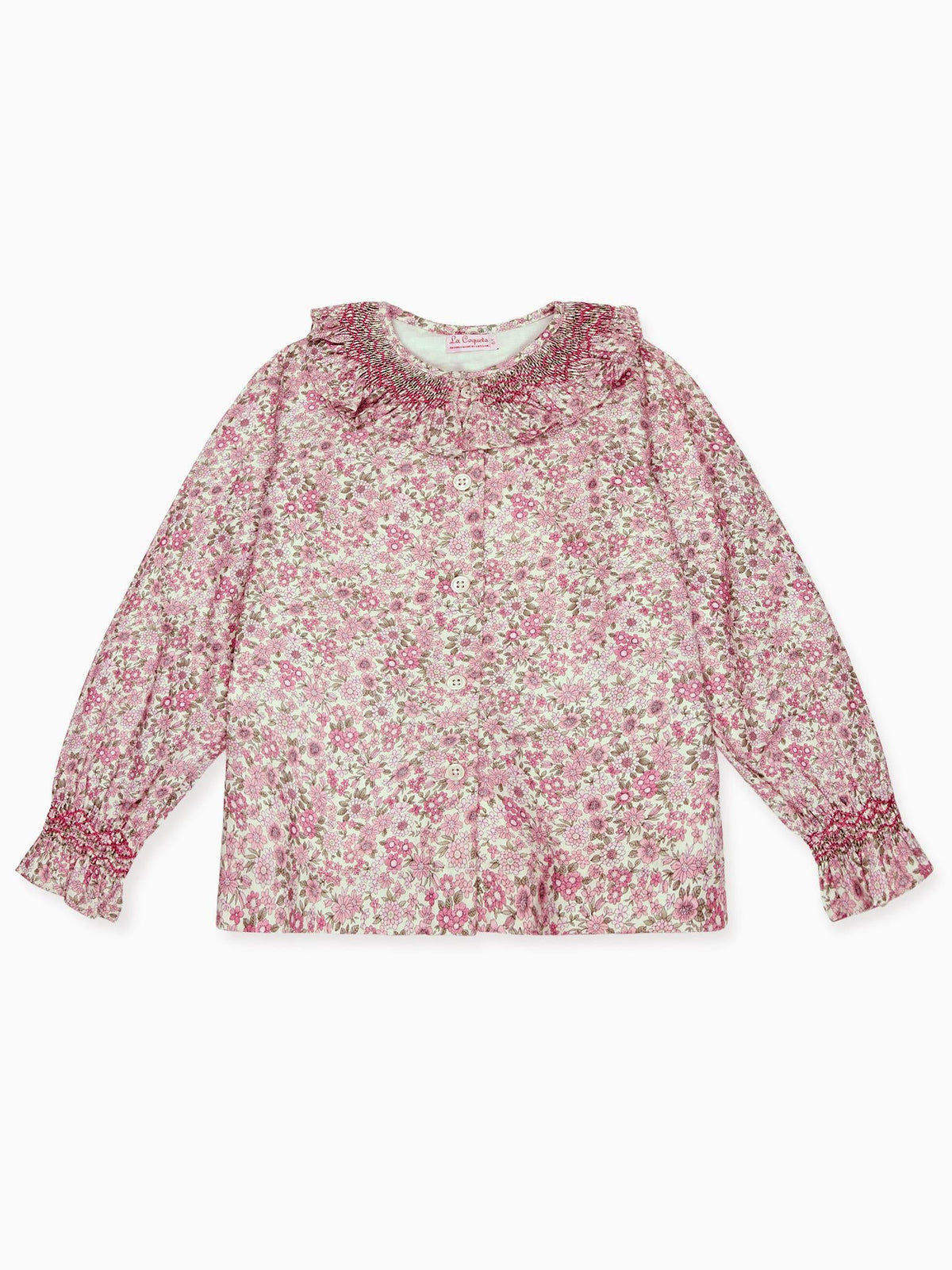 Pink Floral Emanuella Long Sleeve Girl Hand-Smocked Shirt