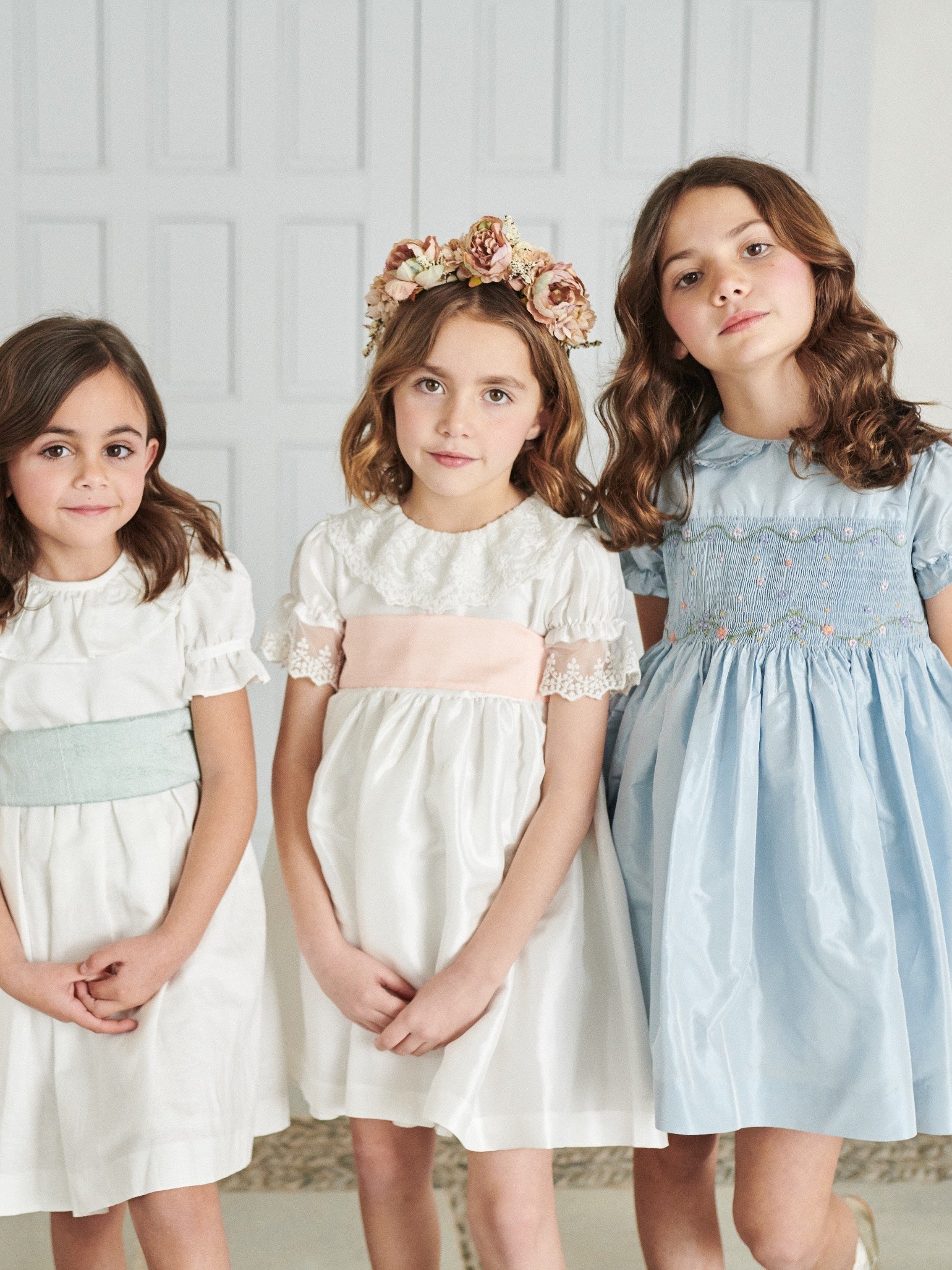Light Blue Eva Silk Ceremony Girl Hand-Smocked Dress