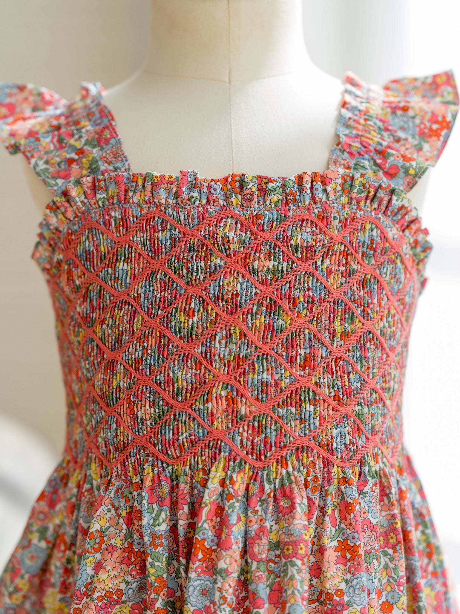 Coral Floral Evelia Girl Made With Liberty Fabric Hand-Smocked Dress