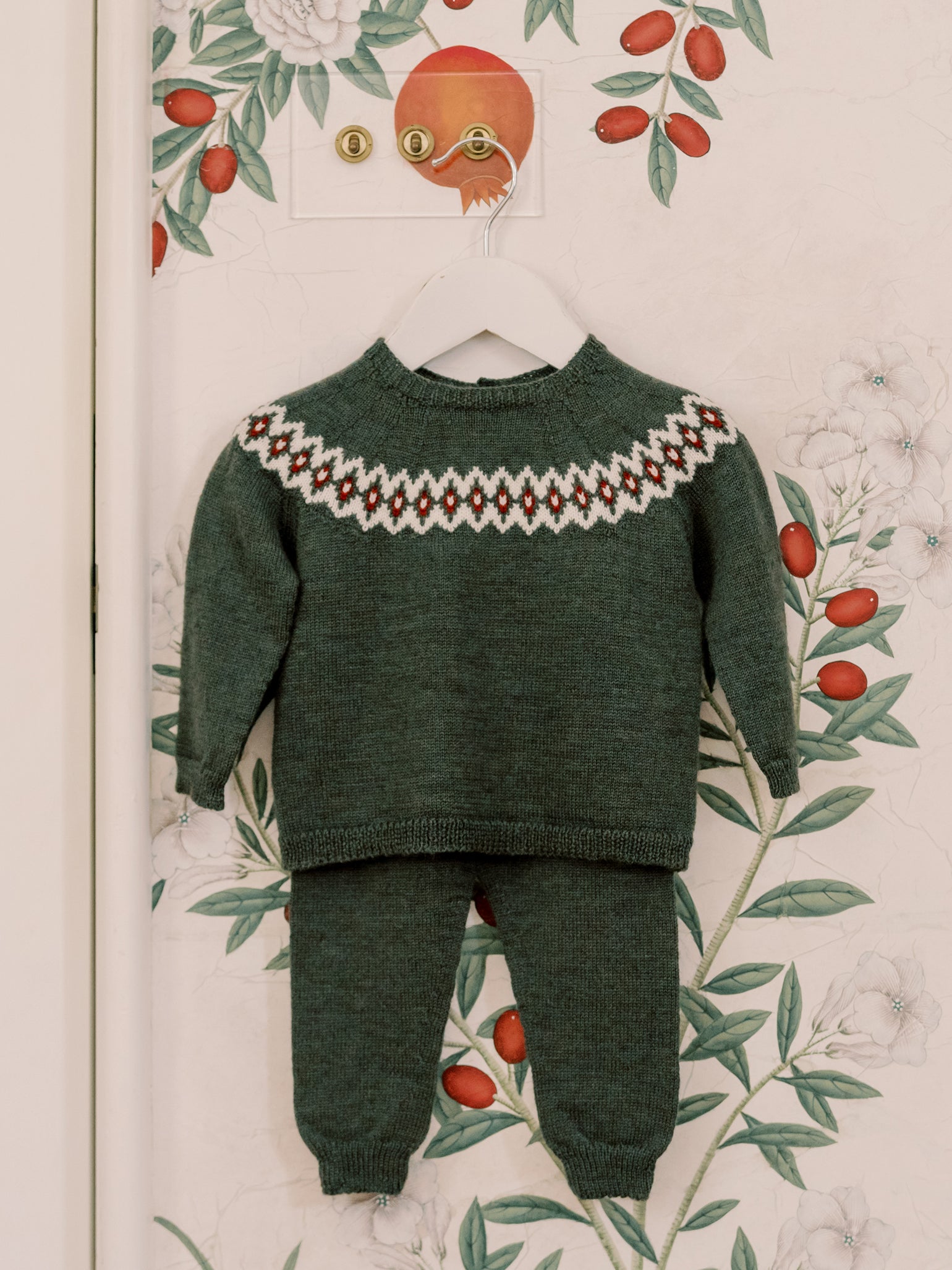 Olive Green Merino Fair Isle Knitted Baby Set