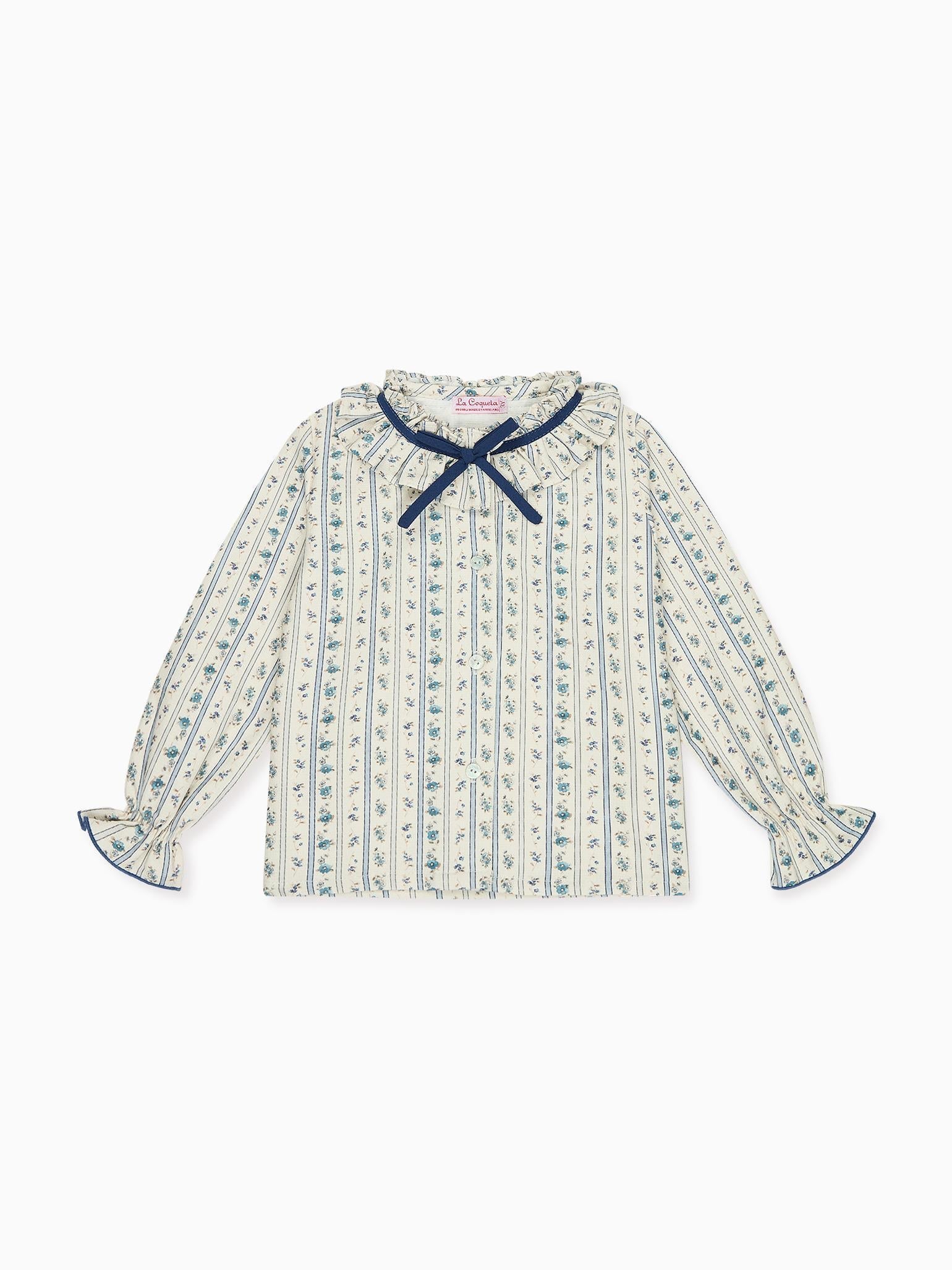 Blue Floral Stripe Felixa Long Sleeve Baby Girl Shirt