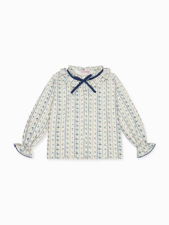 Blue Floral Stripe Felixa Long Sleeve Baby Girl Shirt
