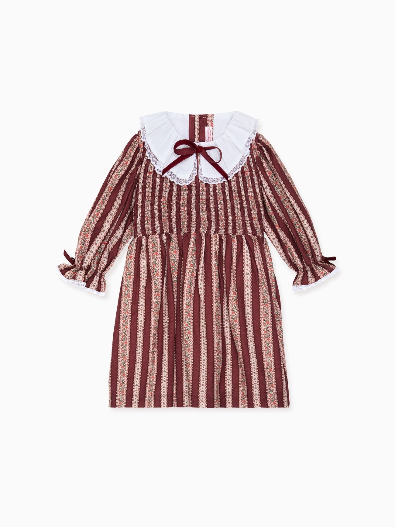 Elegant vintage-style children's dress with maroon and white vertical stripes, lace-trimmed collar, and ribbon detail.