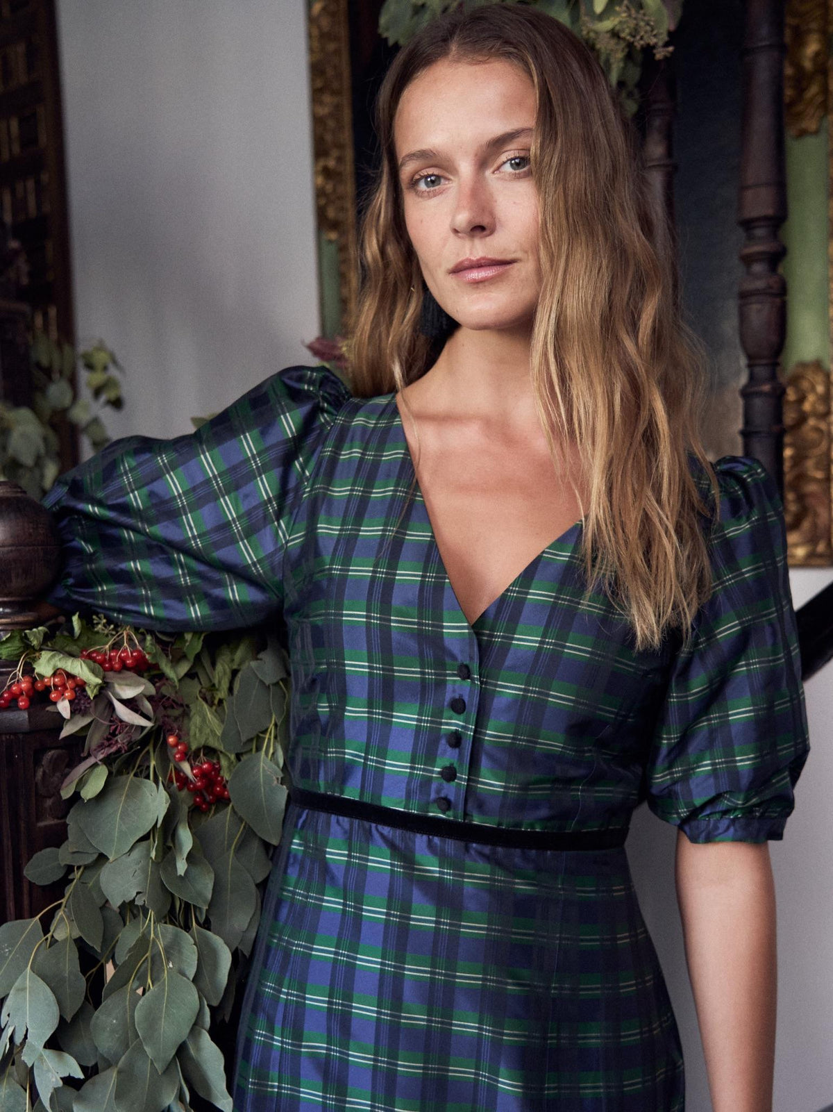 Navy Check Flavia Taffeta Womens Long Dress