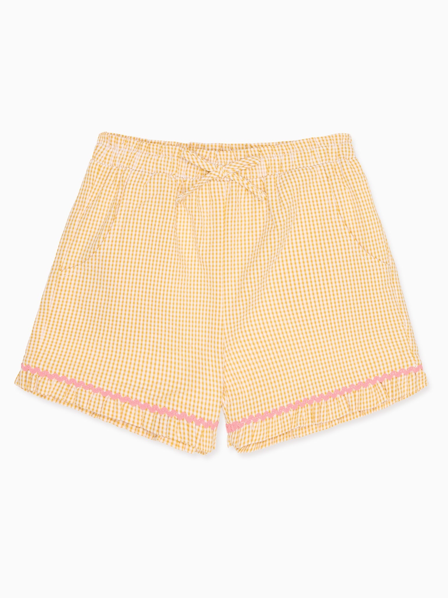 Yellow Gingham Flores Cotton Girl Shorts