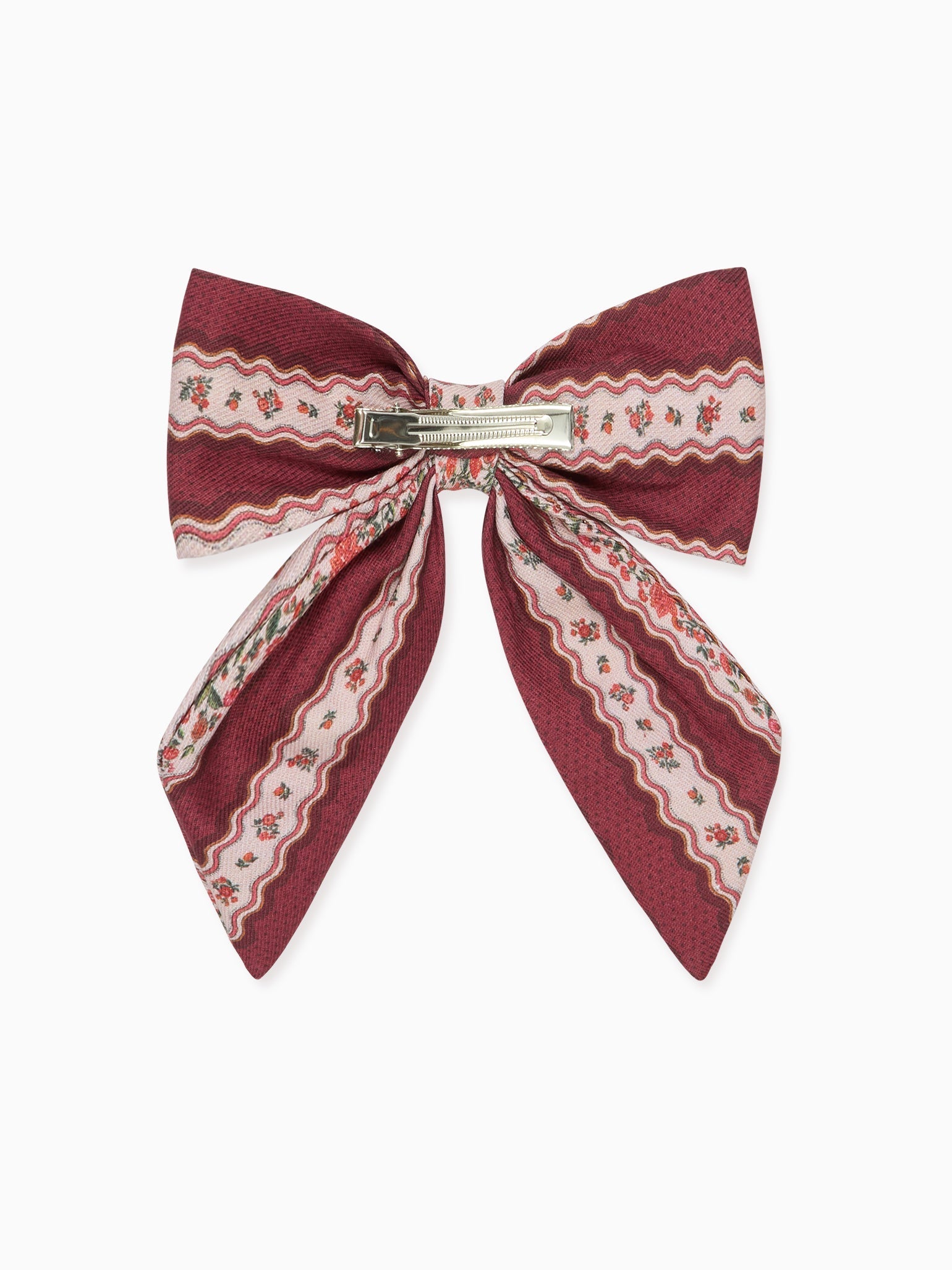 Burgundy Floral Stripe Girl Large Bow Clip