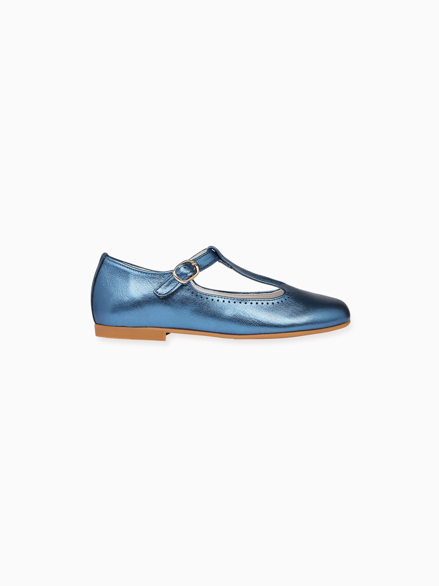 Blue Metallic Leather Girl T-Bar Shoes